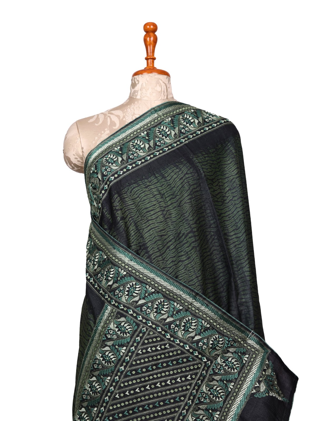 Dark Sage Green Shibori Tussar Silk Saree With Embroidered Border