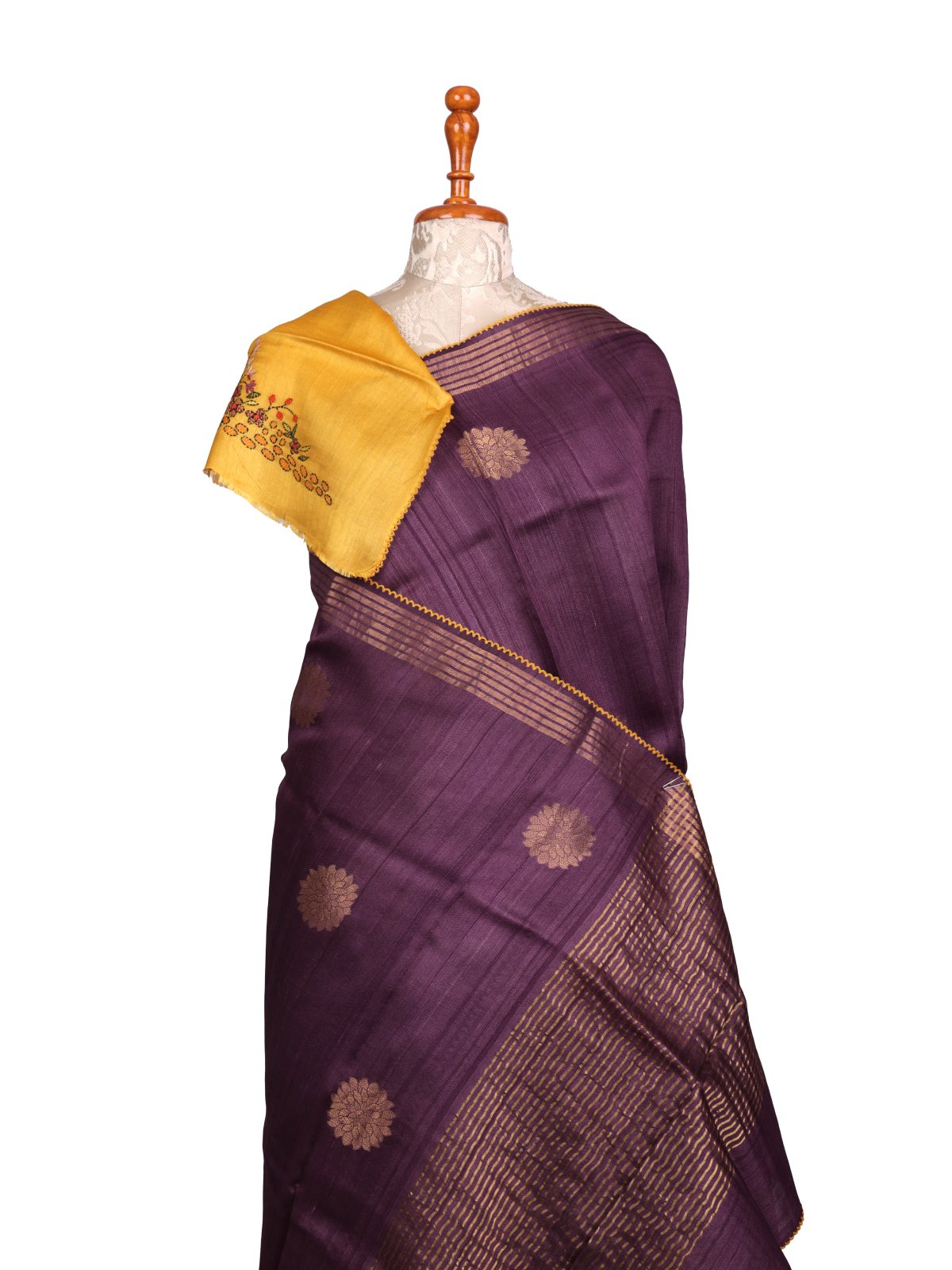 Dusty Purple Tussar Silk Saree With Kantha Embroidery 