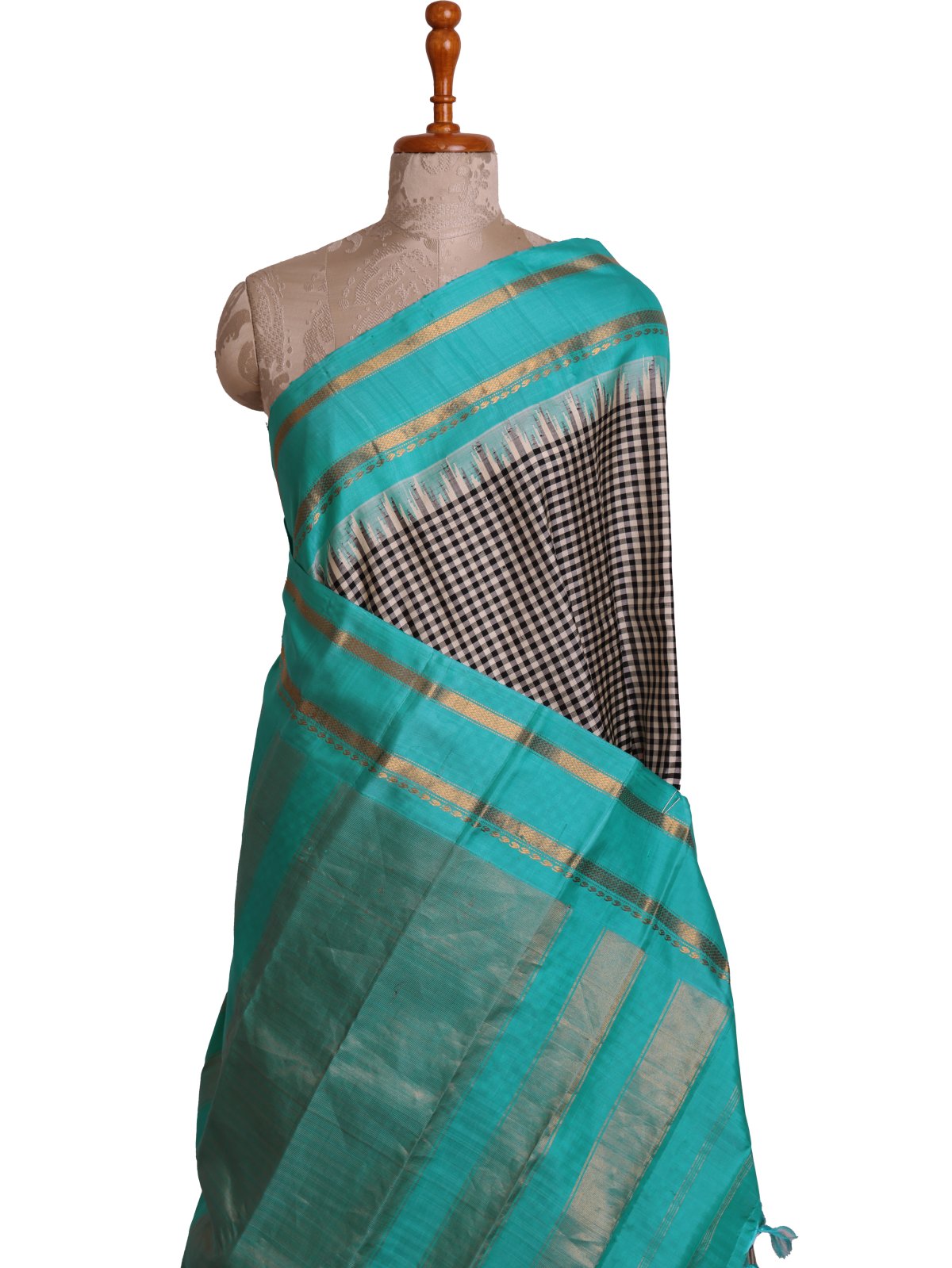 Black And White Checked Gadwal Silk Saree With Light Blue Border