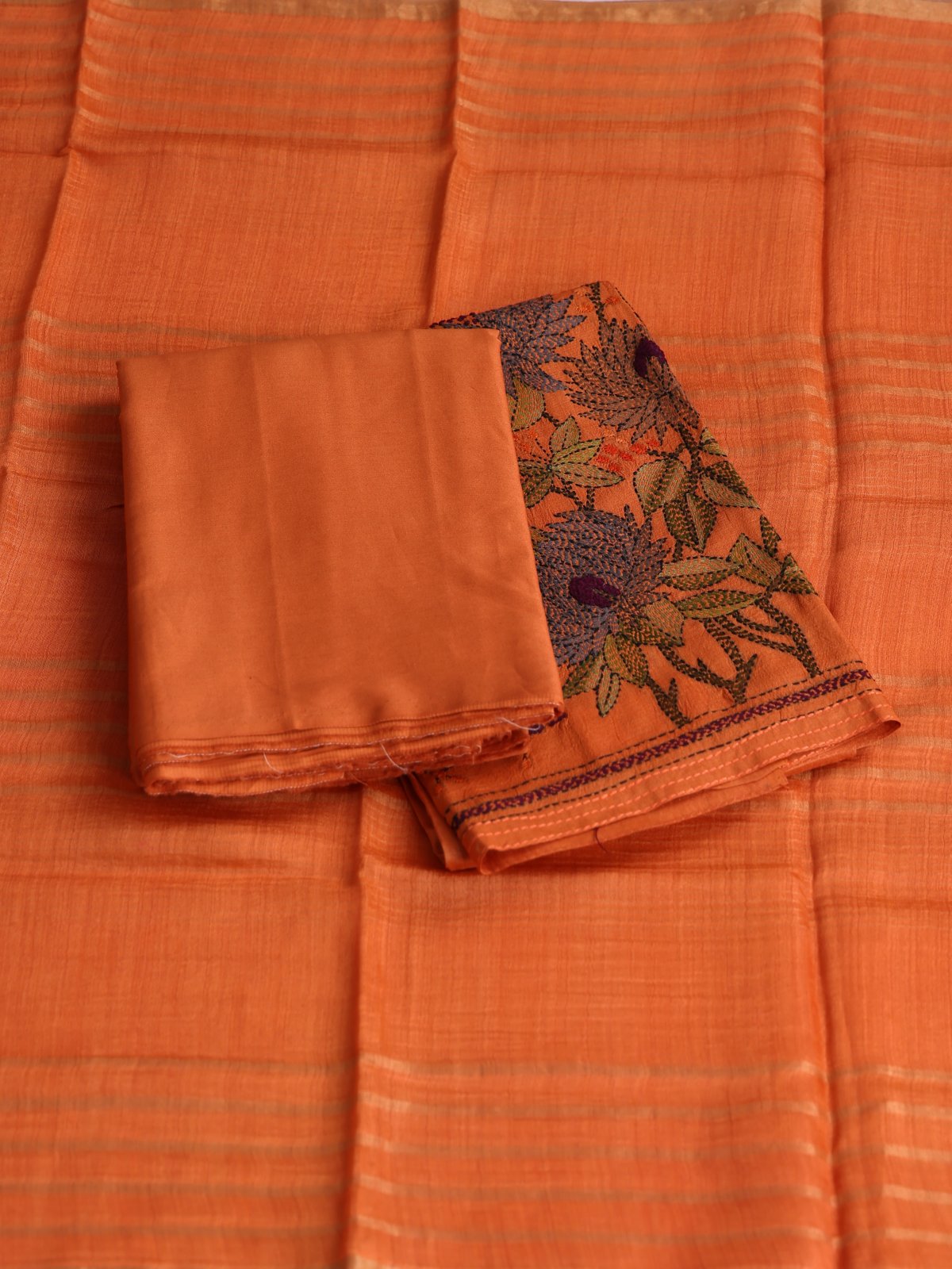 Rust Orange Tussar Salwar Material With Kantha Embroidery