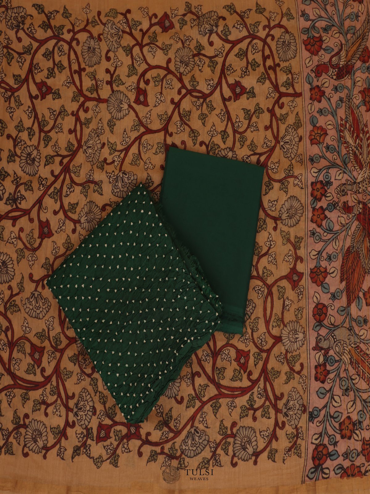 Dark Green Bandhini Salwar Material with Kalamkari Dupatta