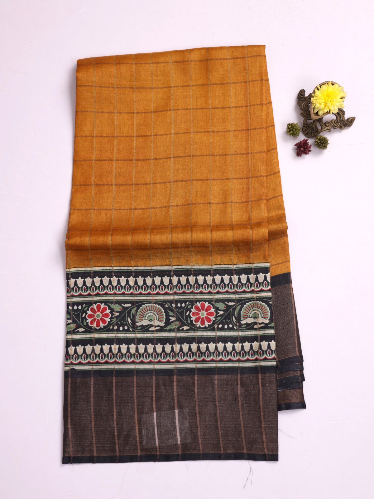 Mustard Yellow Zari Checked Tussar Silk Saree With Black Printed Border