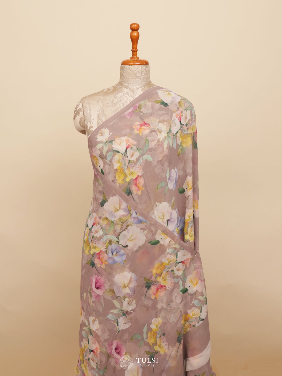 Grey Floral Printed Georgette Silk Saree