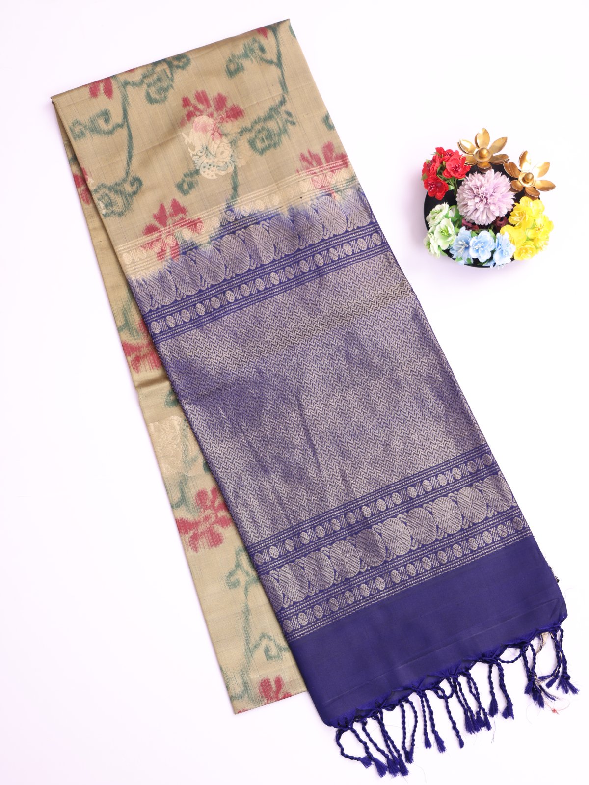 Pastel Olive Green Soft Silk Saree with Navy Blue Border