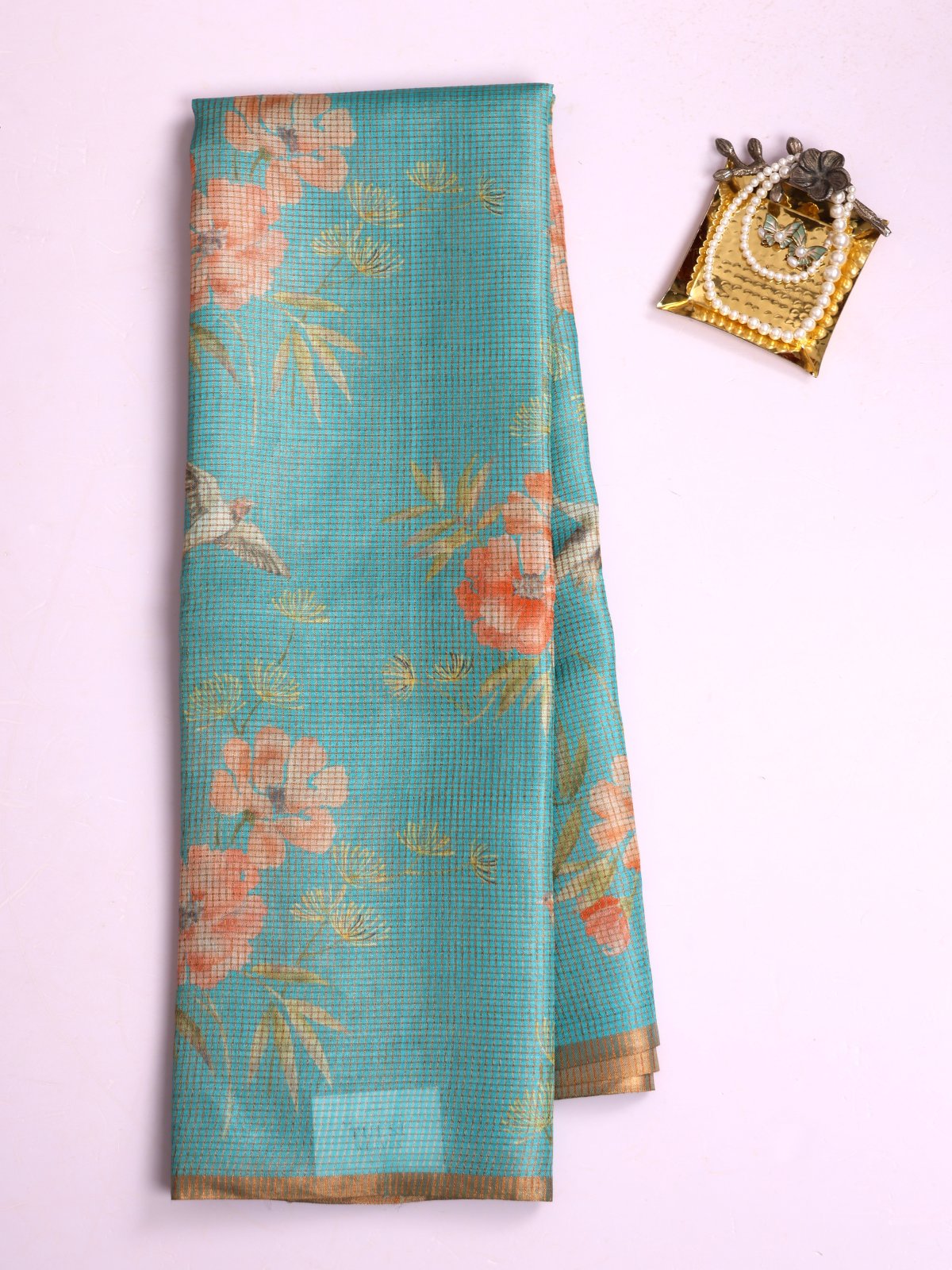 Light Greenish Blue Zari Checked Printed Tussar Silk Saree