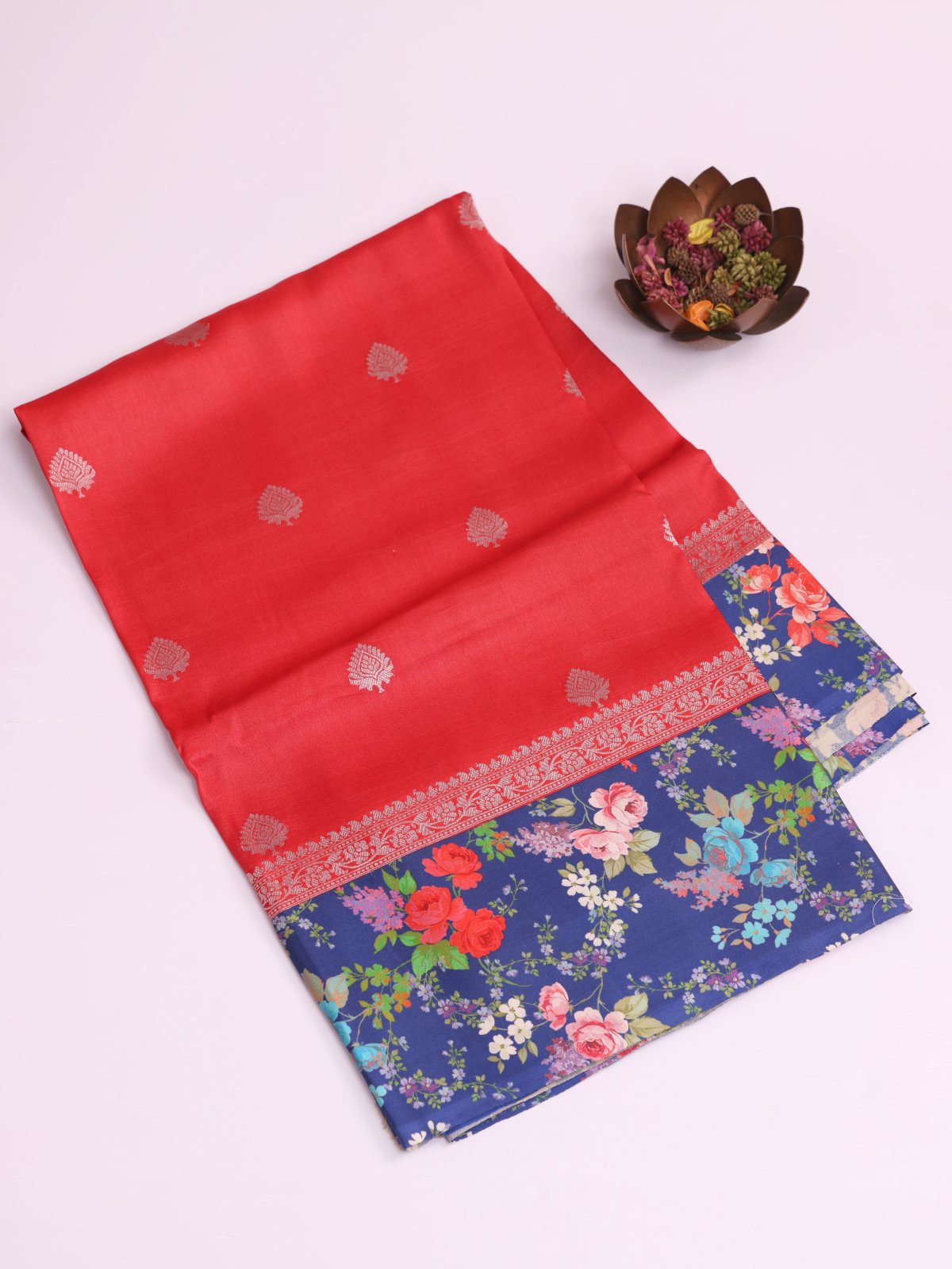 Red Banaras Tussar Georgette Silk Saree With Printed Navy Blue Border
