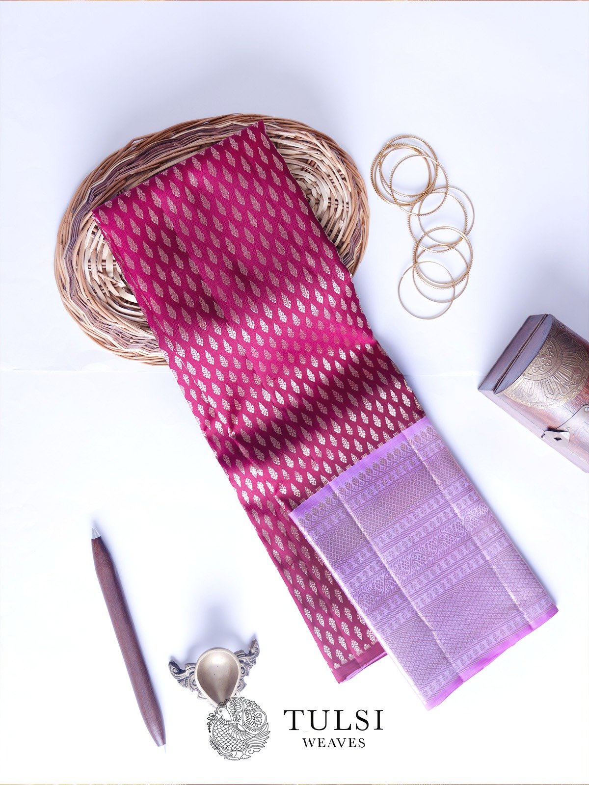 Dark Red Kanjeevaram Silk Pavadai with Lavender Border