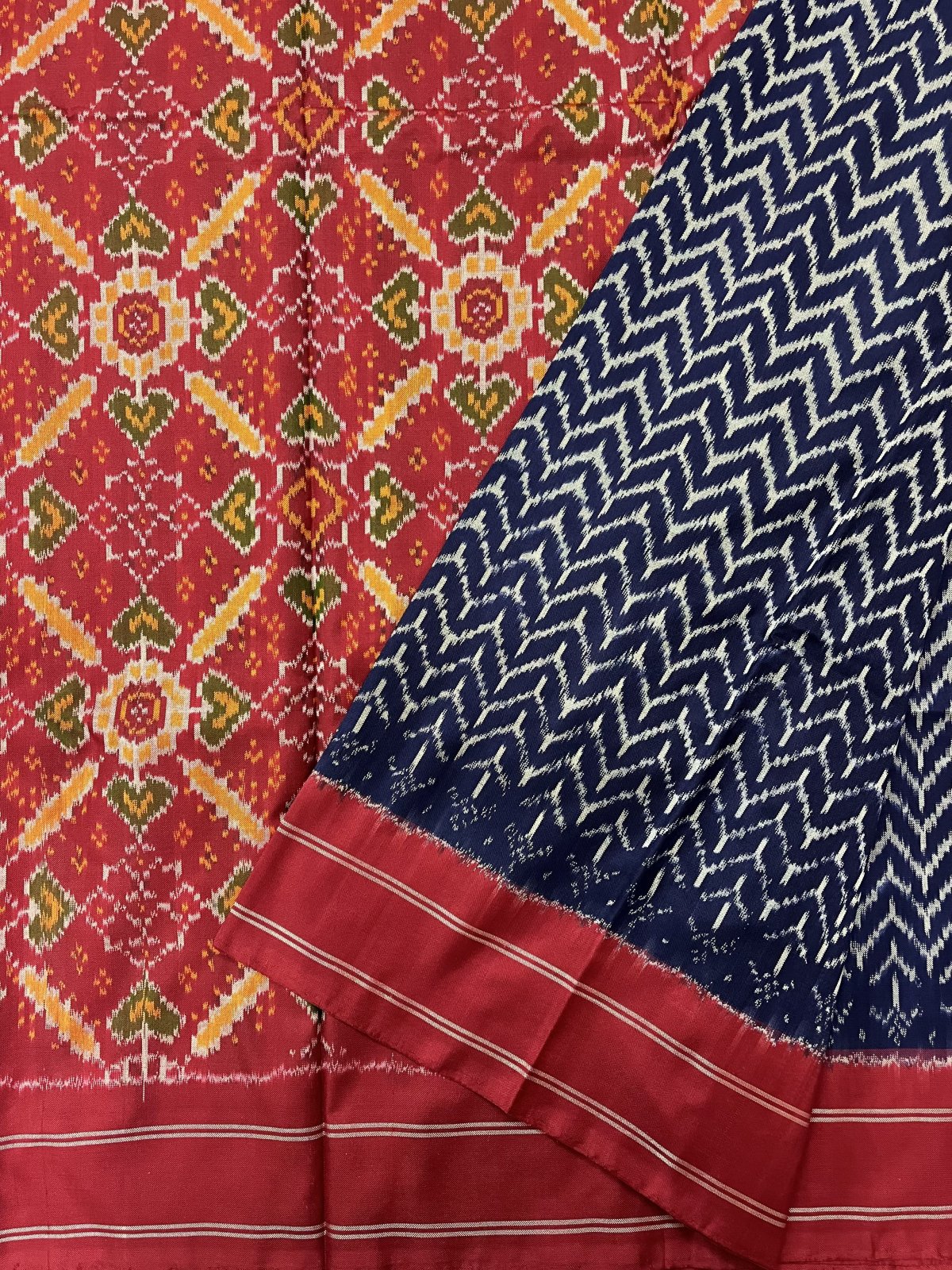 Dark Blue Ikat Silk Saree with Red Border - Handwoven Silk Saree ...