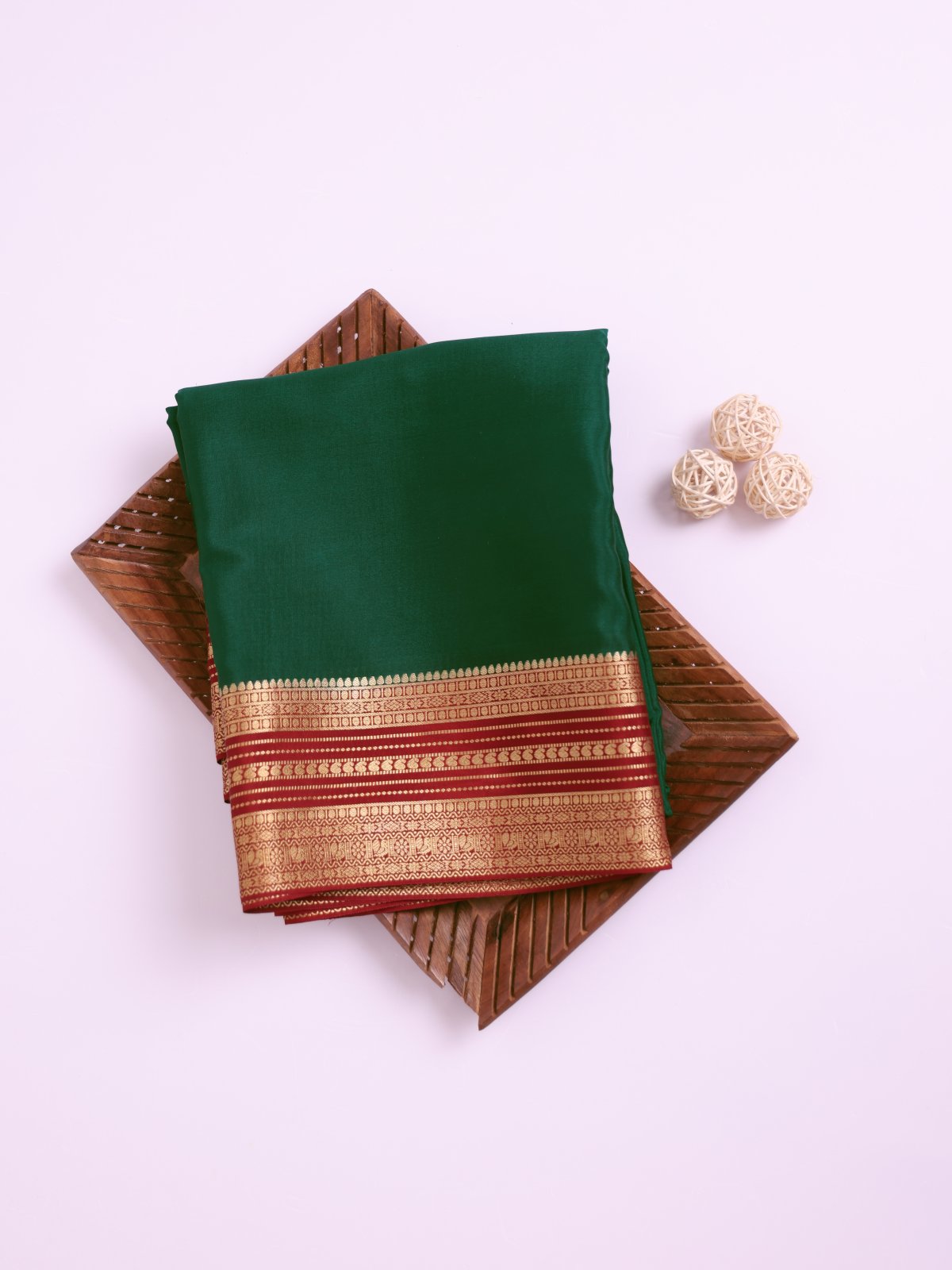 Emerald Green Mysore Silk Saree with Brown Zari Border