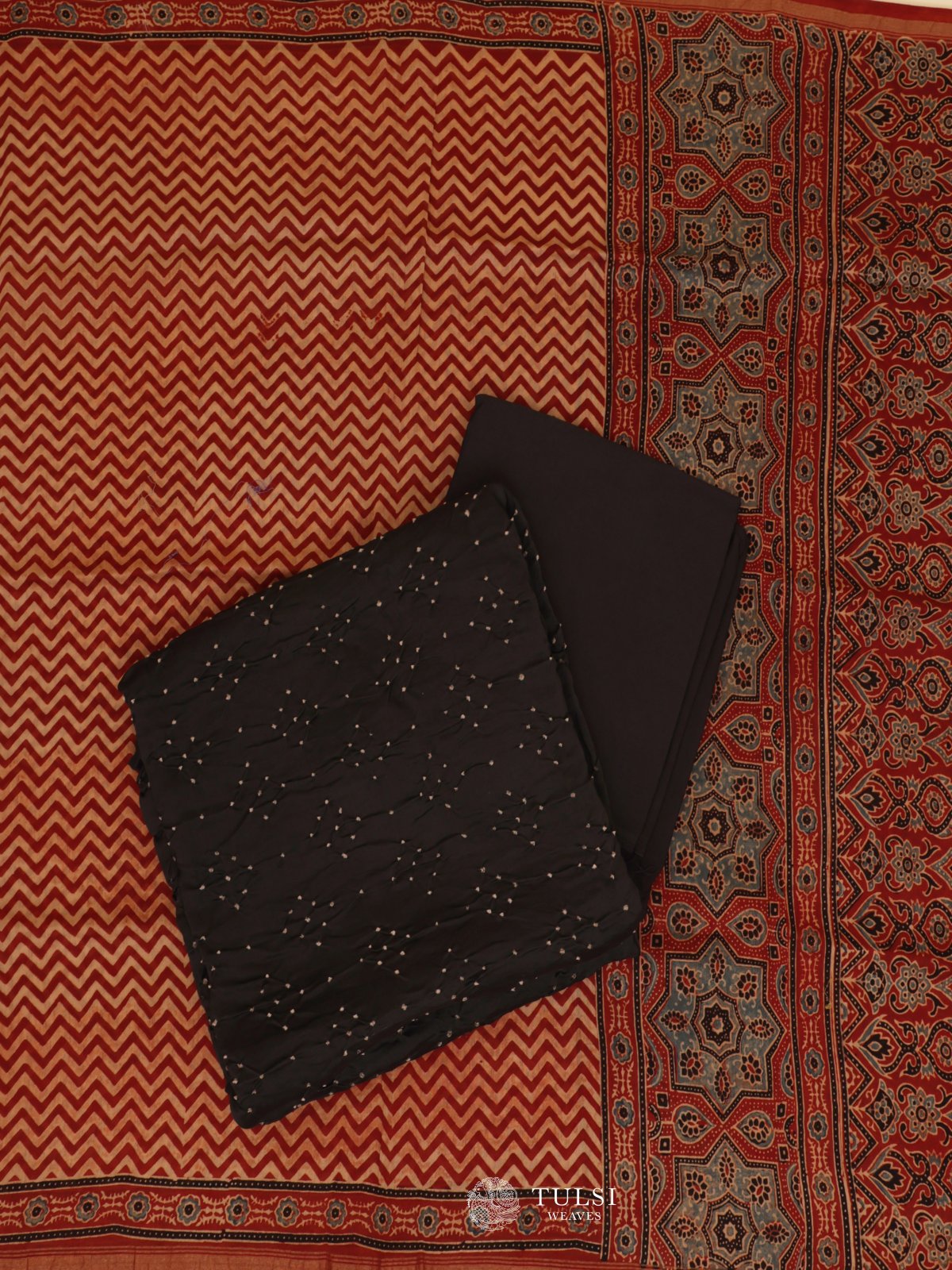 Black Bandhini Salwar Material With Ajrakh Dupatta