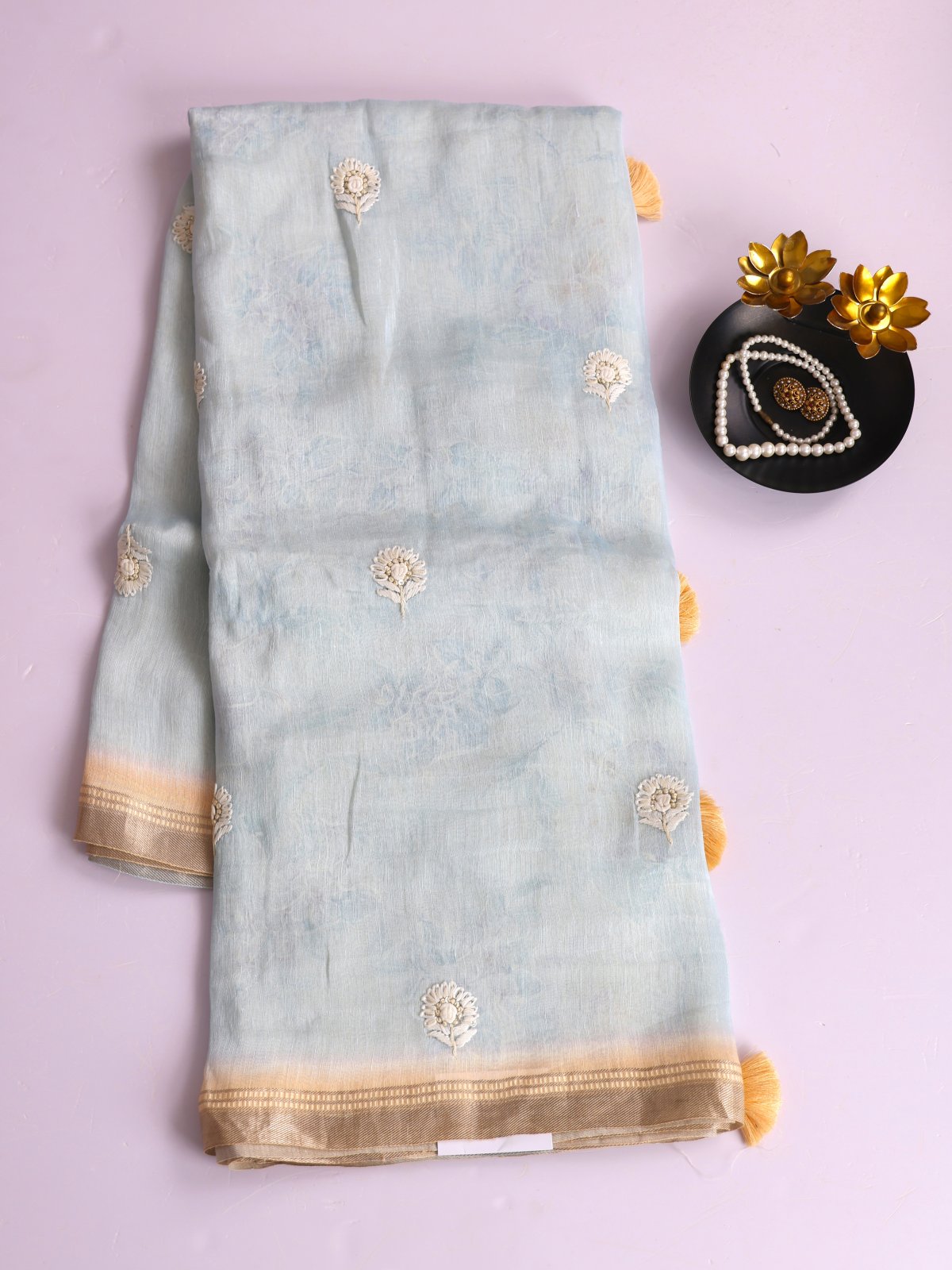 Light Blue And Off-White Half And Half Printed Linen Saree With Embroidery