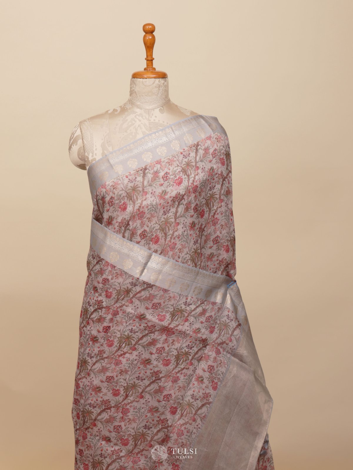 White Floral Printed Organza Silk Saree