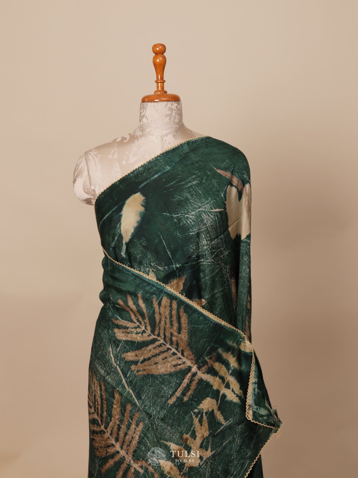 Dark Green Eco Print Silk Saree