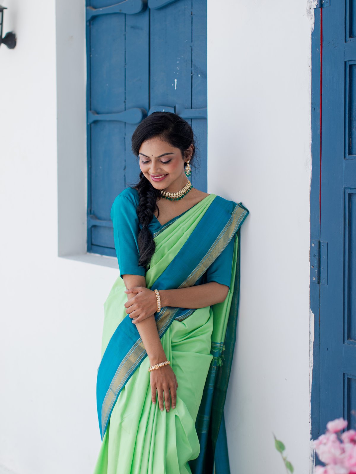 Green Kanjeevaram Silk Saree With Blue Border and Brocade Blouse