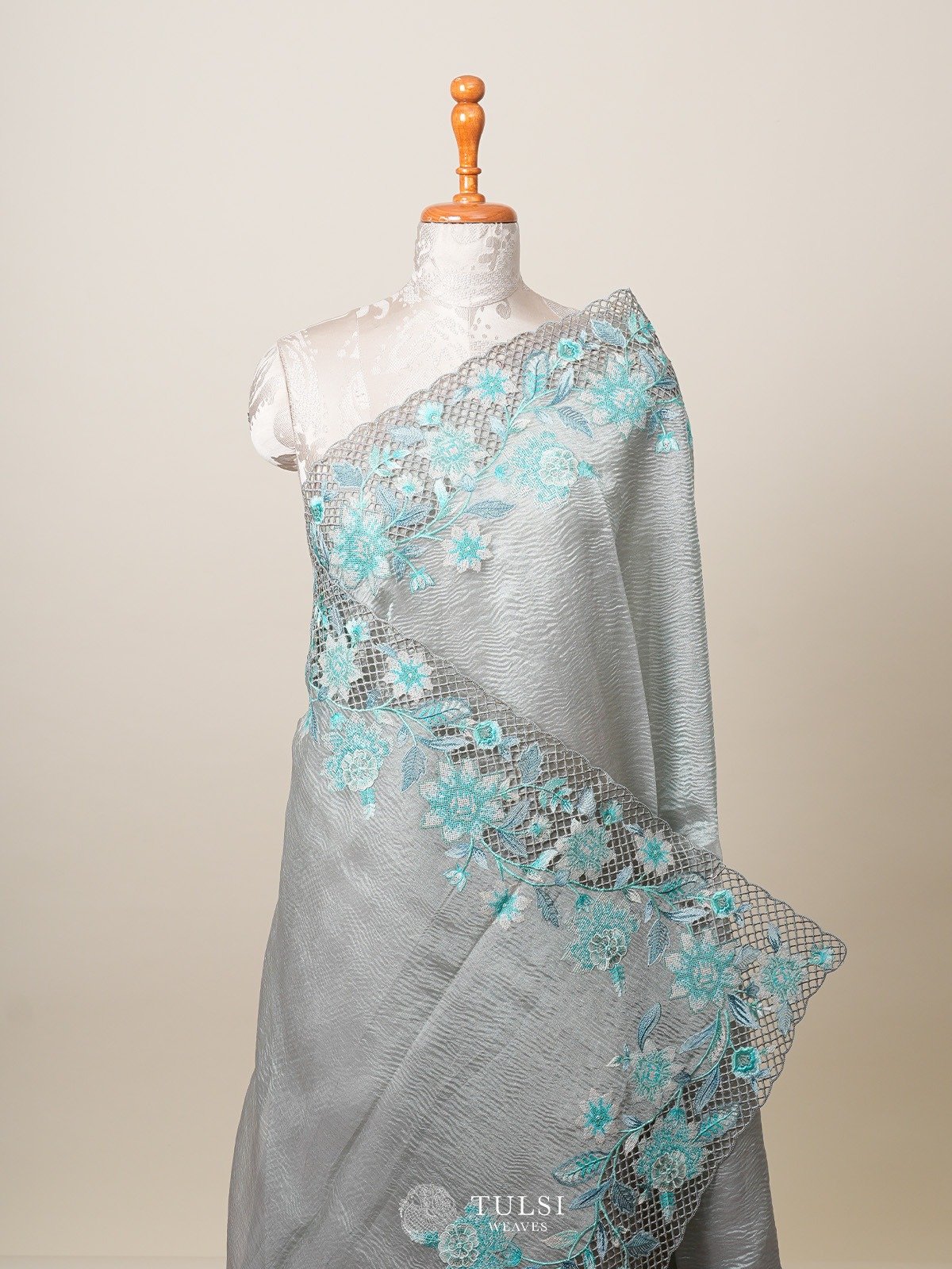 Grey Tissue Organza Silk Saree