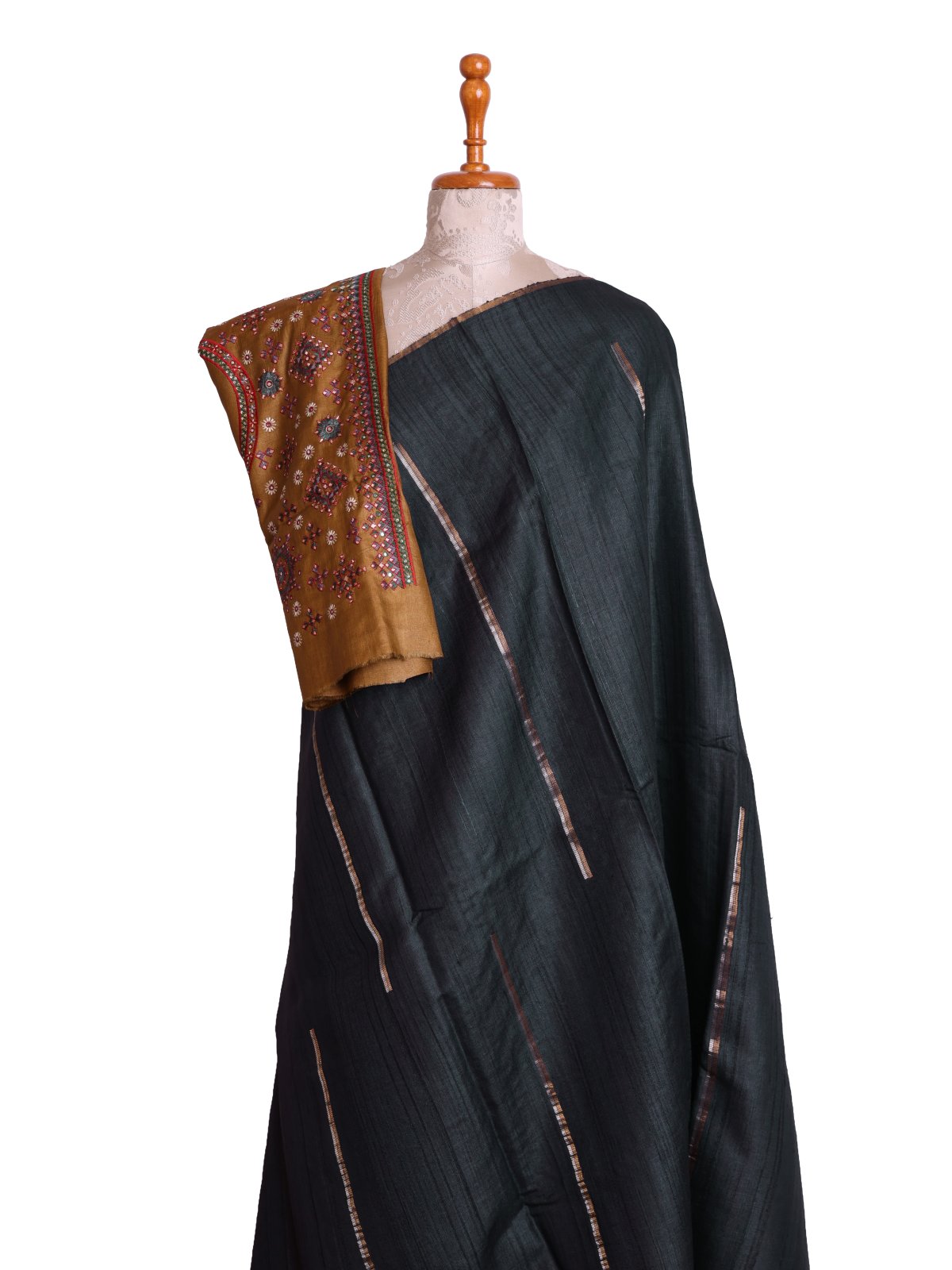 Black Tussar Silk Saree with Kutch Embroidered Blouse