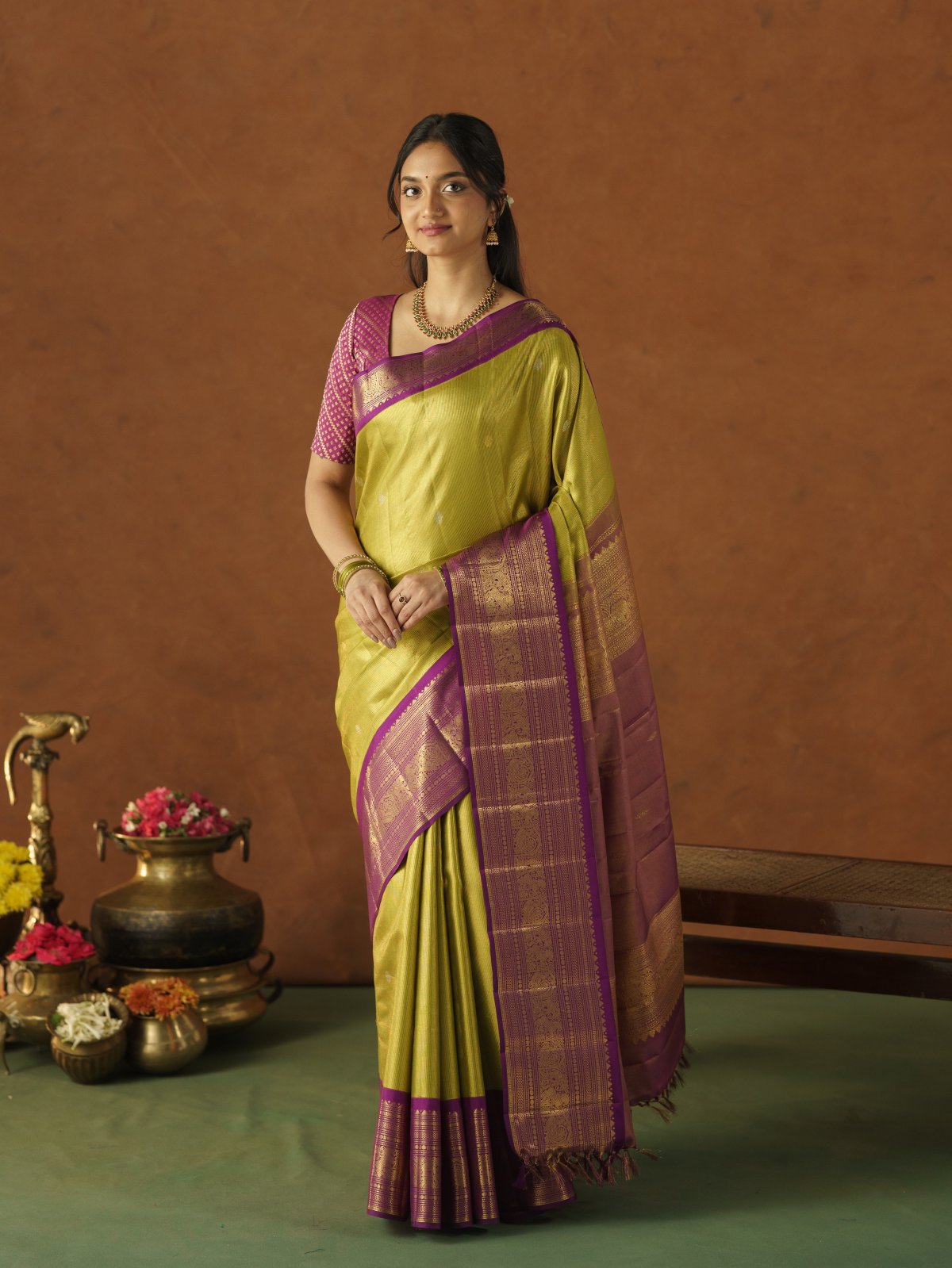 Light Mehendi Kanjeevaram Silk Saree with Purple Border