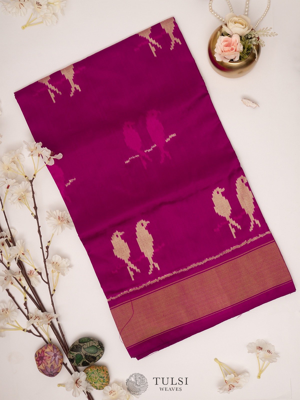 Magenta Ikat silk saree with Zari border