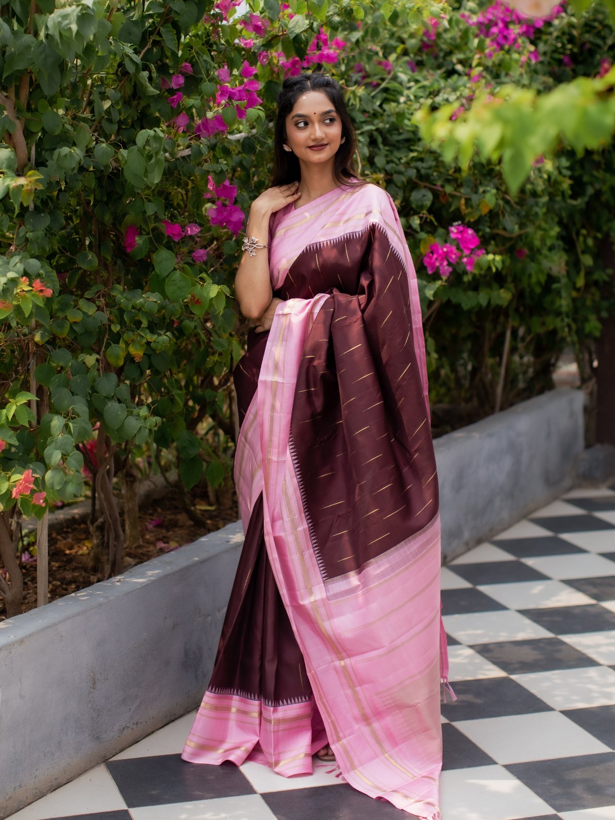 Brown Kanjeevaram Silk Saree With Pink Border