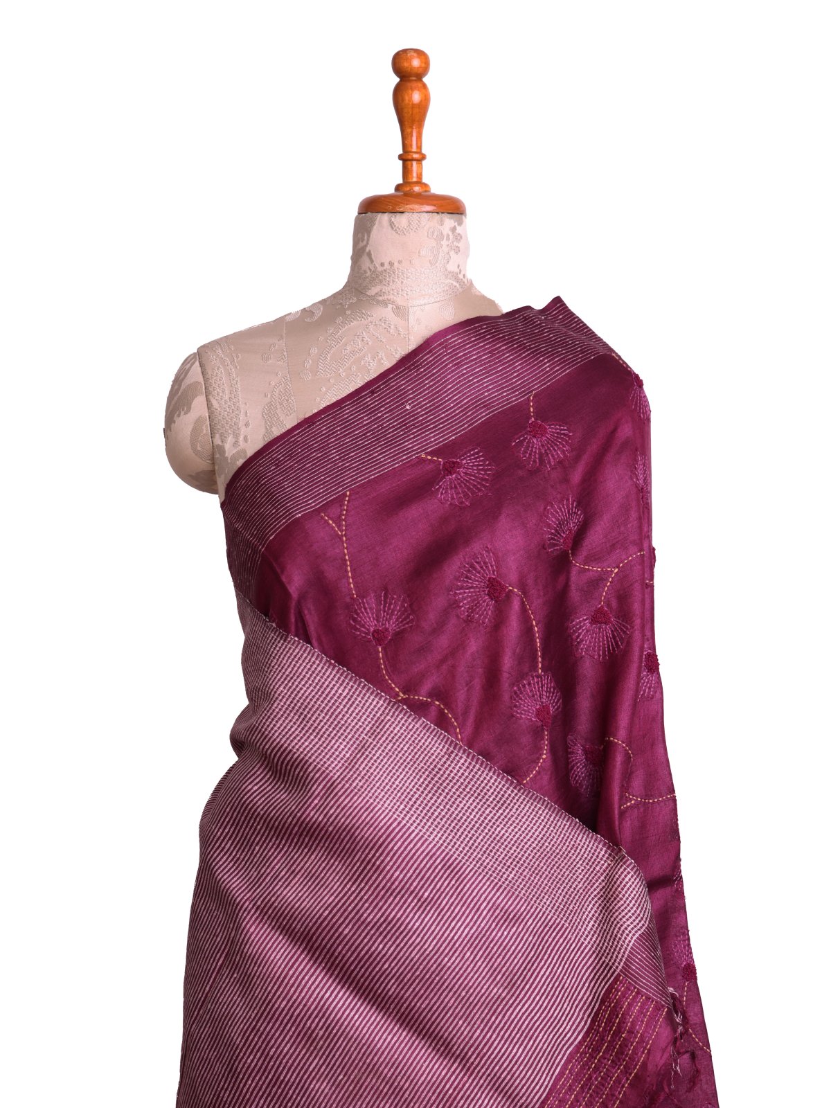 Burgundy Tussar Silk Saree with Kantha Embroidery