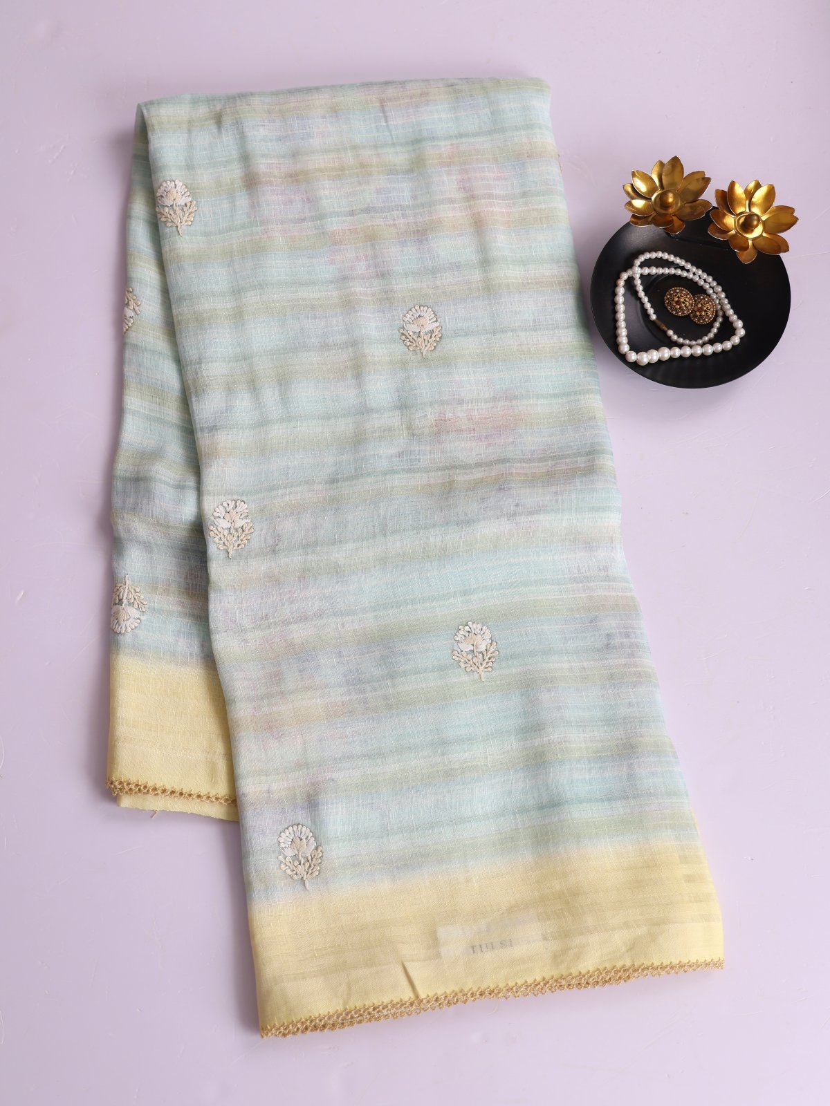 Multicolor Striped Embroidered Linen Saree With Pastel Yellow Border
