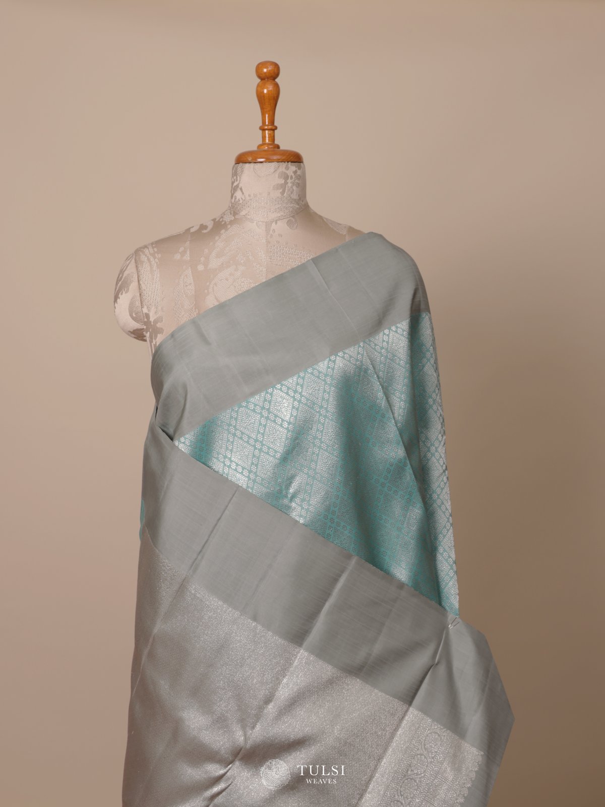  Light Blue Kanjeevaram Silk Saree With Gray Border