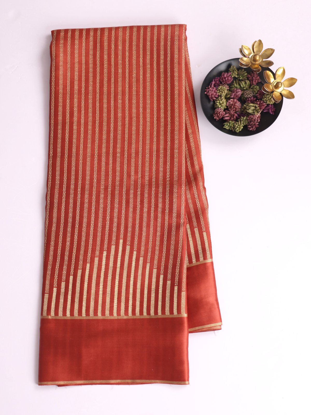Rust Orange Zari Striped Mysore Silk Saree With Satin Border