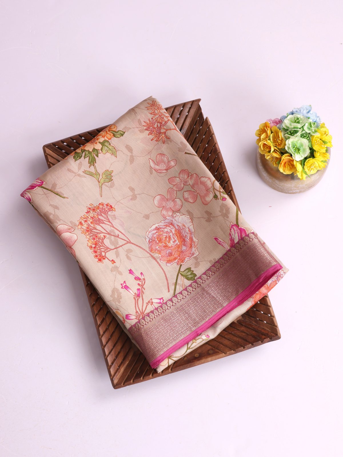 Beige Printed Chaniya Silk Saree With Zari Border