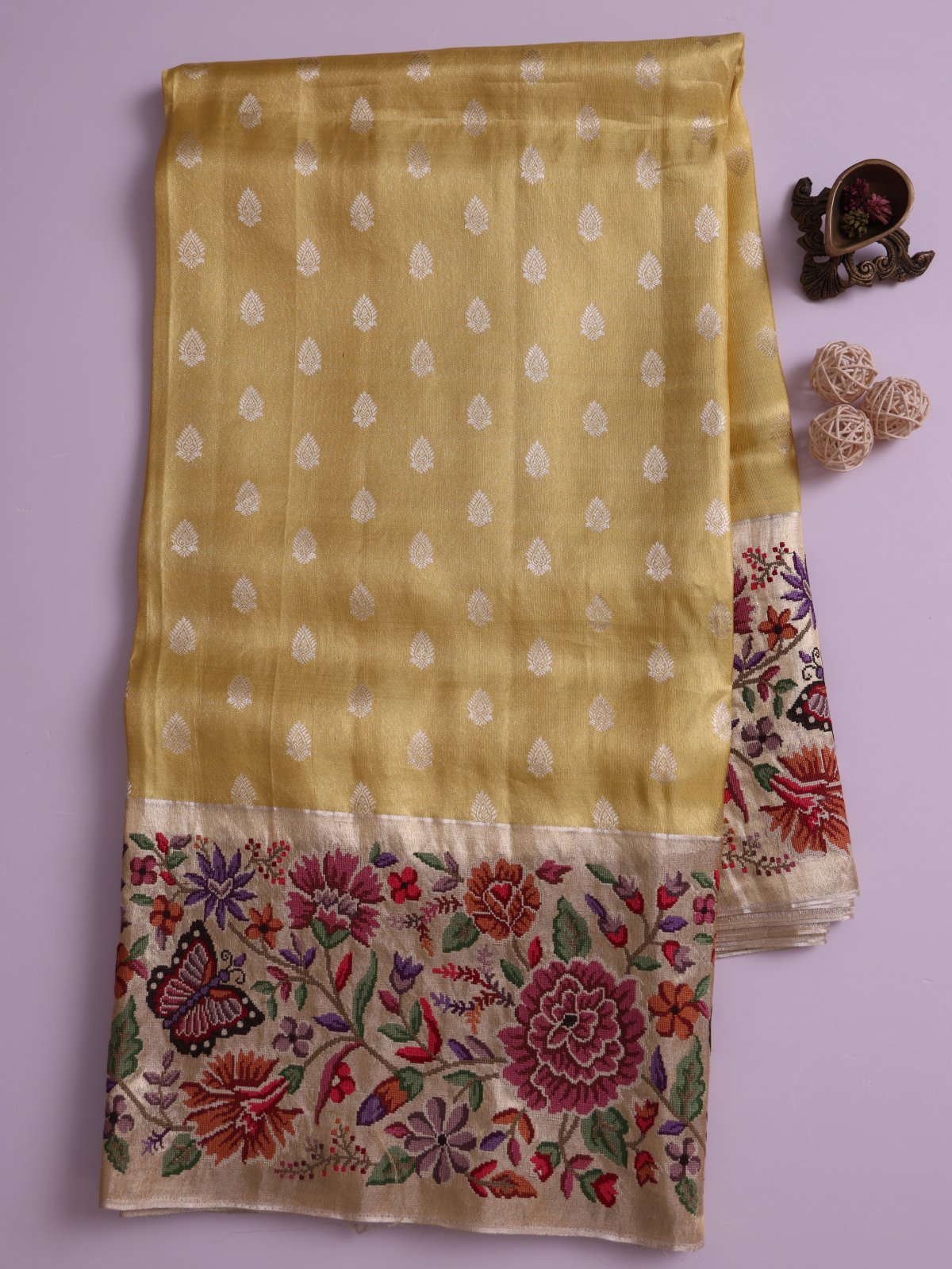 Yellow Tissue Kanjeevaram Silk Saree With Embroidered Border