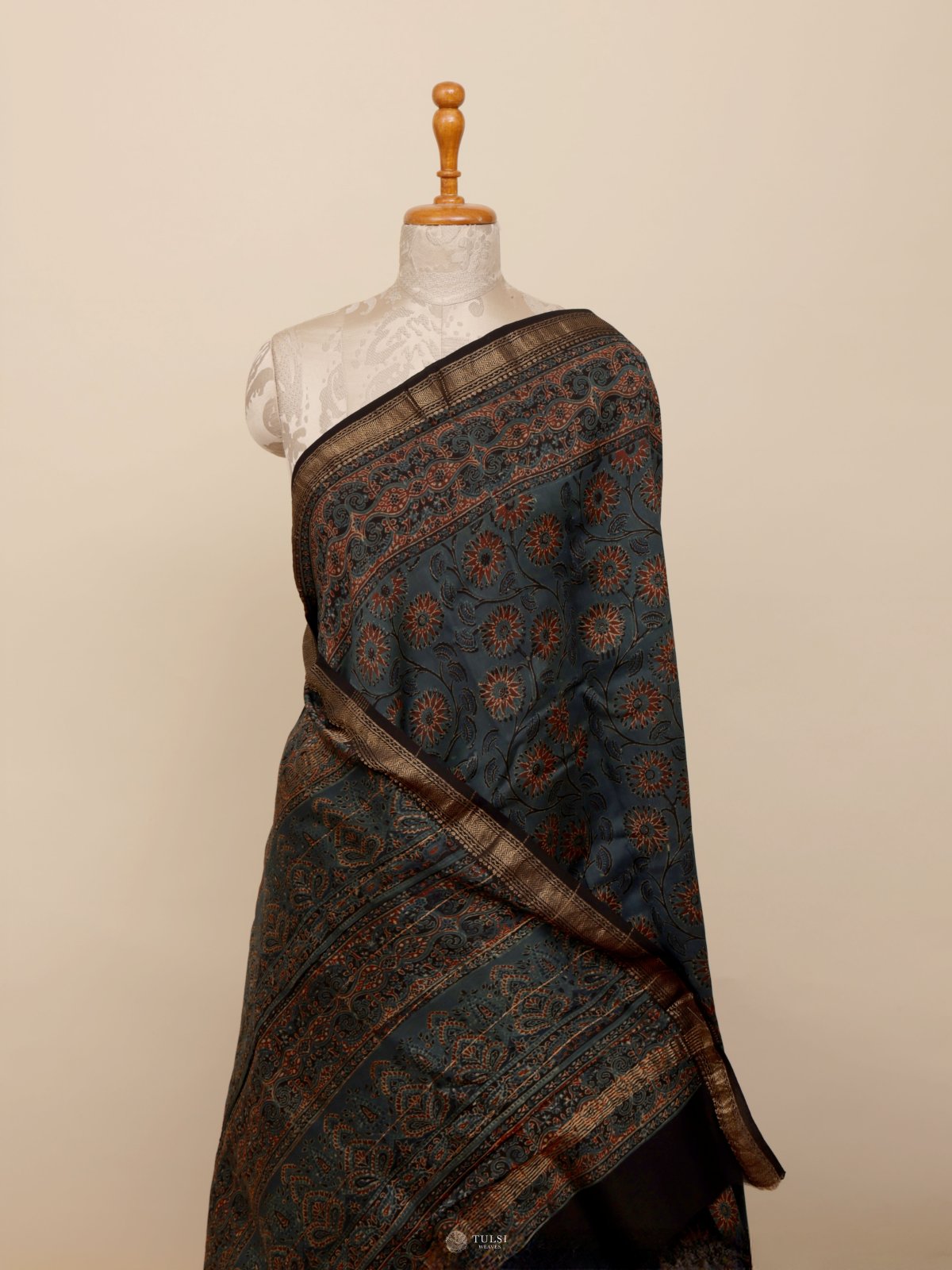Dark Aqua Blue Printed Chanderi Silk Saree