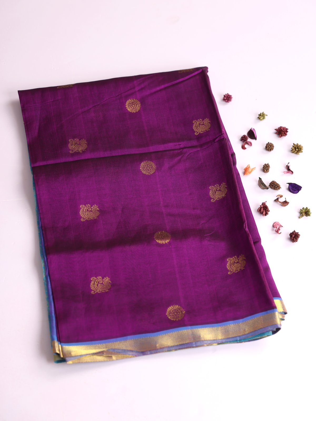 Purple Silk Cotton Saree With Light Blue Border
