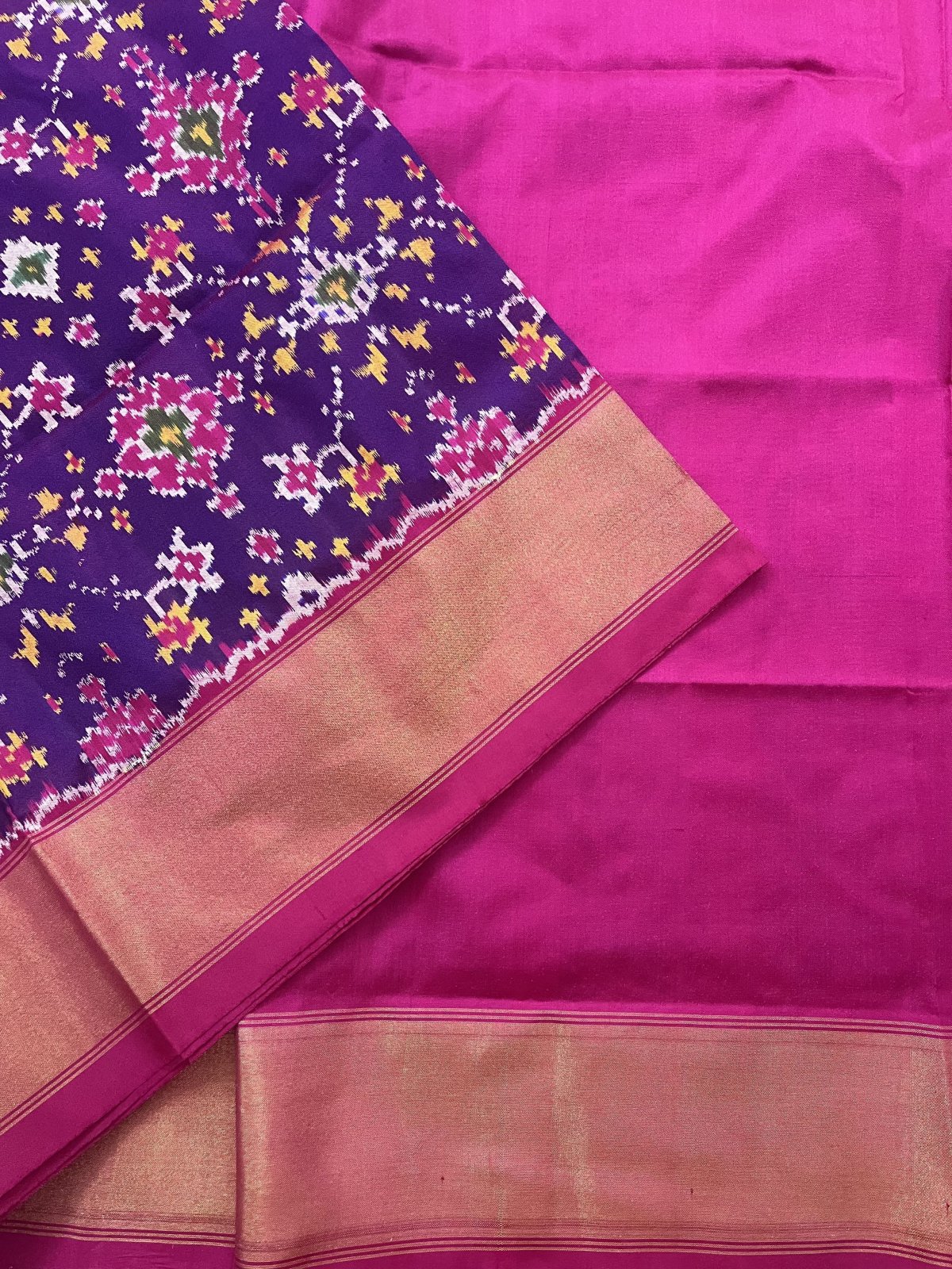 Handwoven Purple Ikat Silk Saree With Vibrant Pink Border