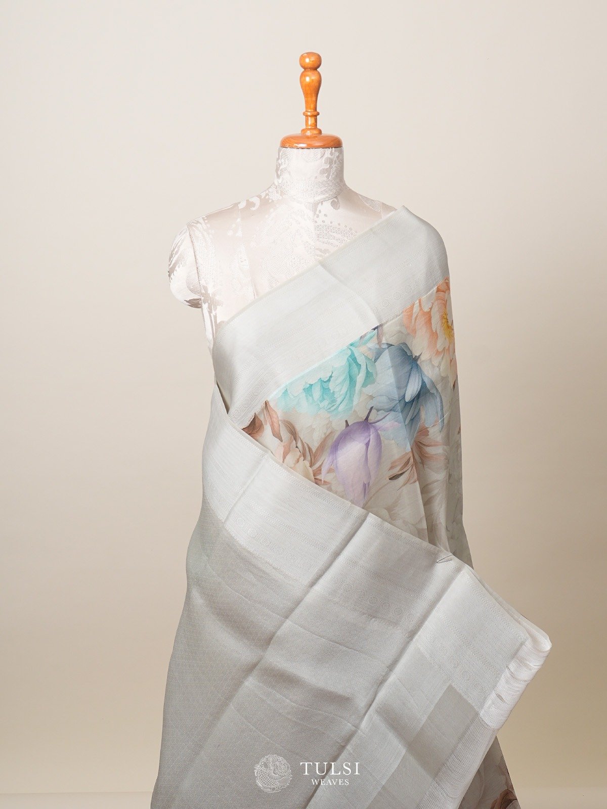 Grey Floral Printed Organza Silk Saree