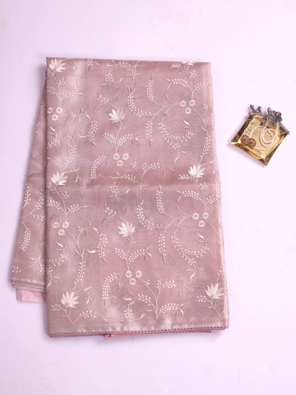 Onion Pink Tissue Kota Saree With Embroidery