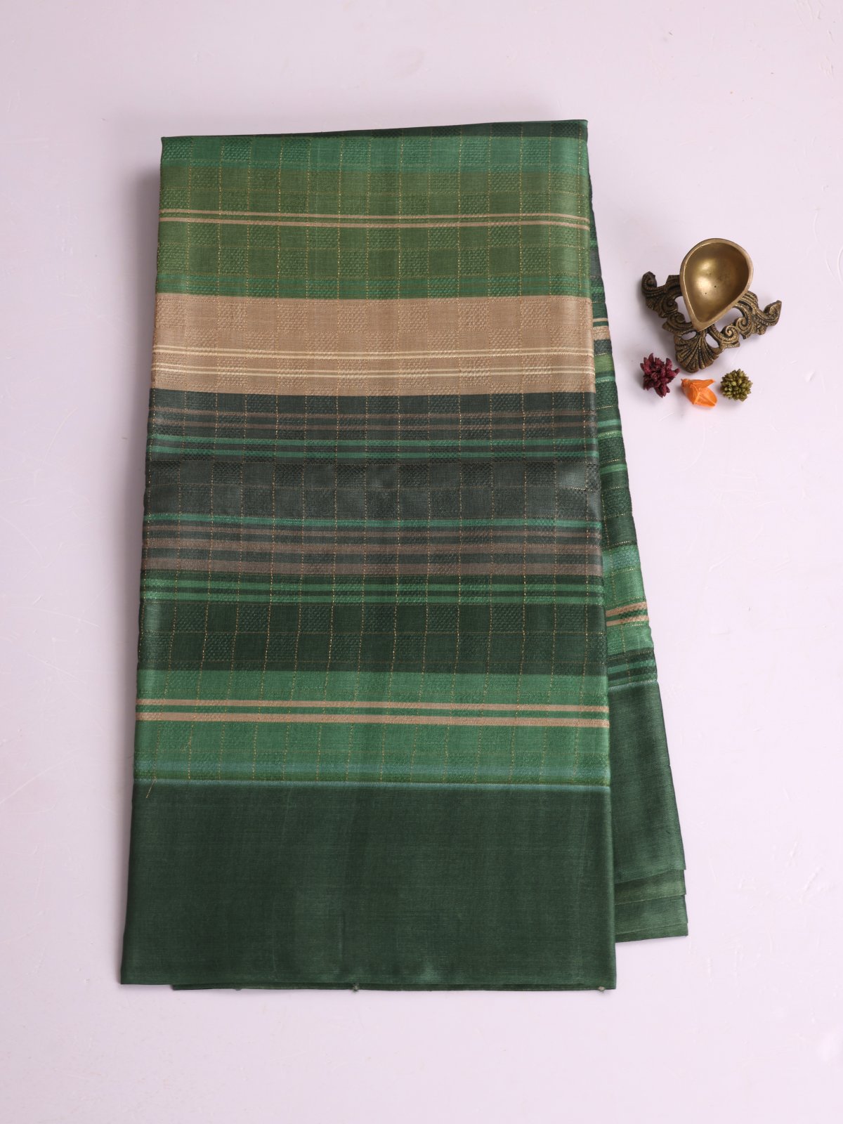 Green Zari Checked Printed Tussar Silk Saree With Dark Green Border
