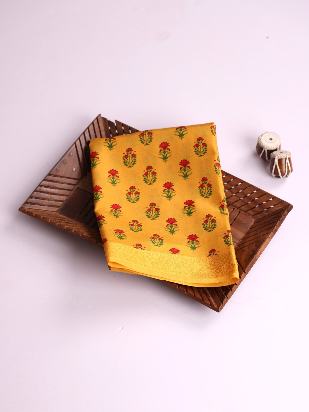 Mustard Yellow Printed Silk Saree 