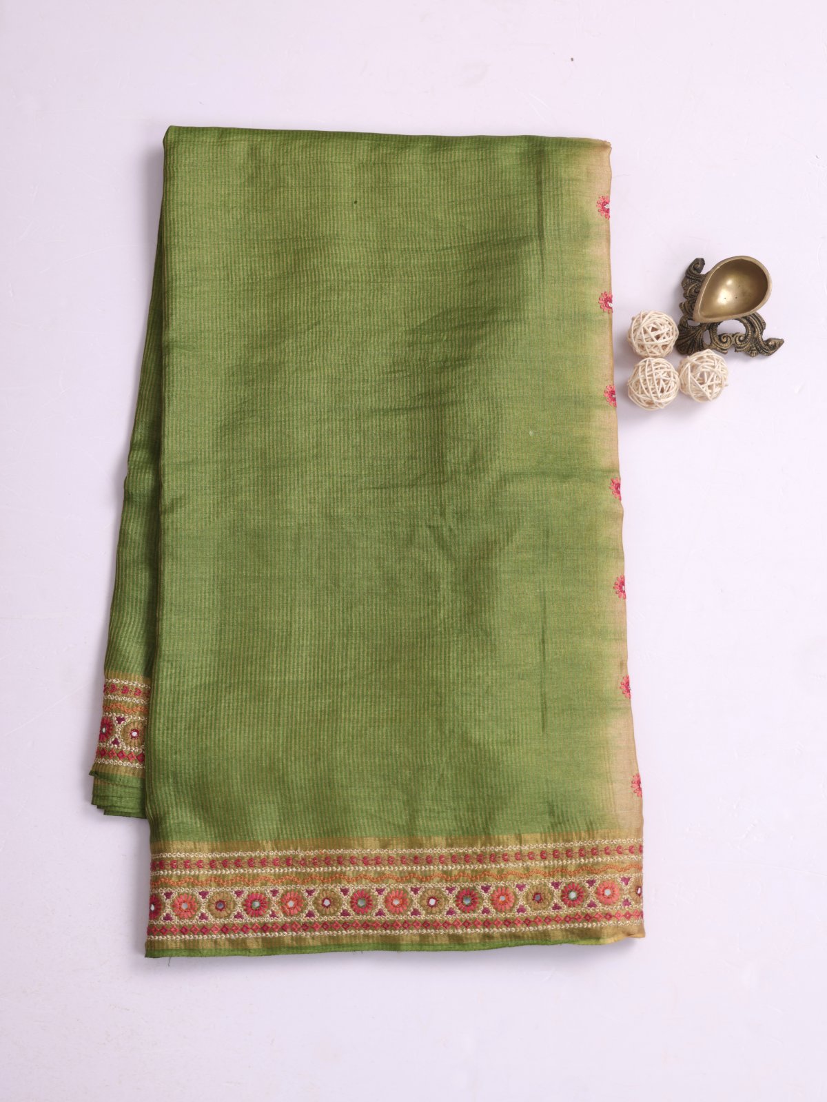 Mehndi Green Zari Striped Tussar Silk Saree With Embroidered Border