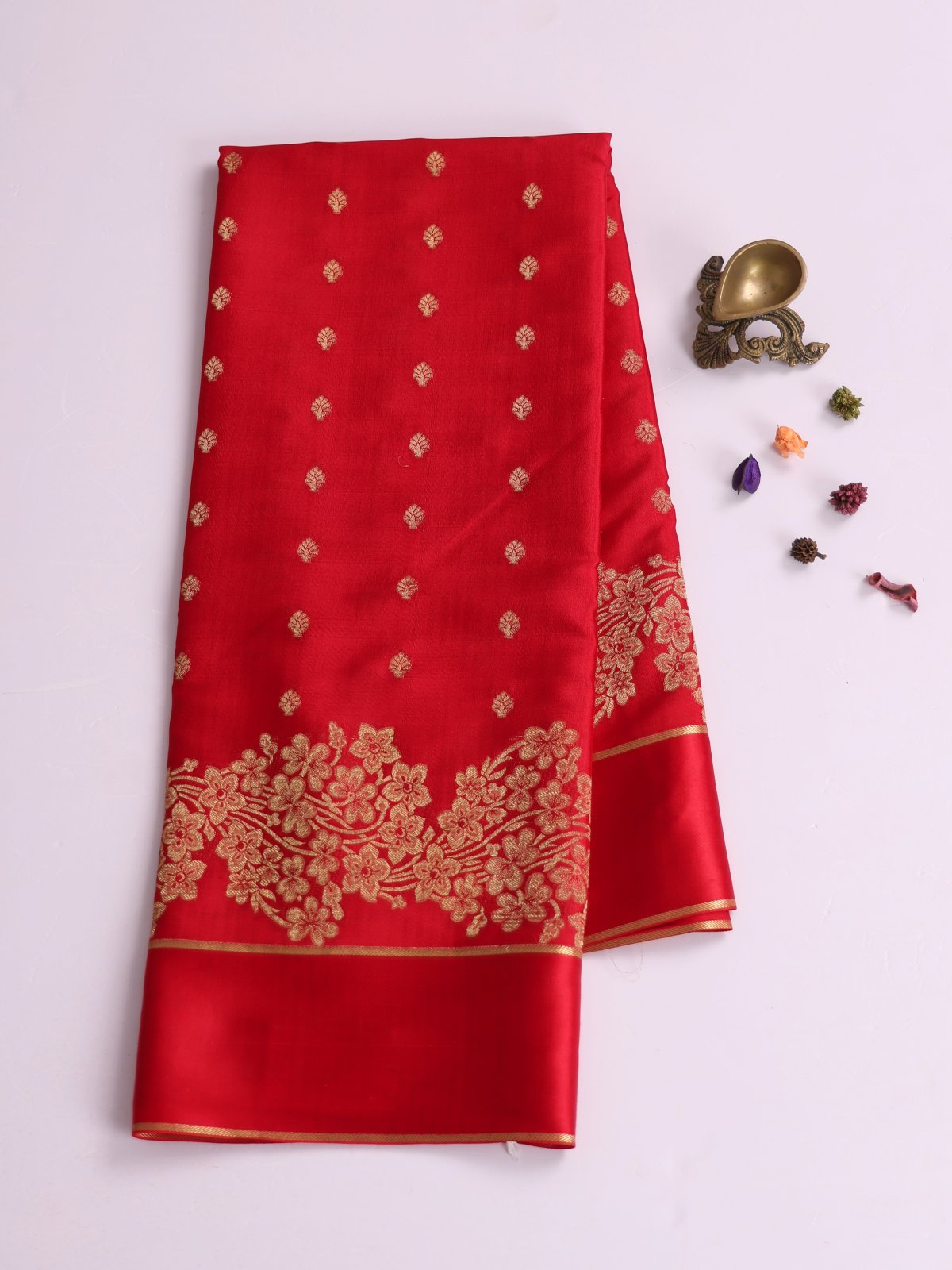 Red Mysore Silk Saree With Satin Border