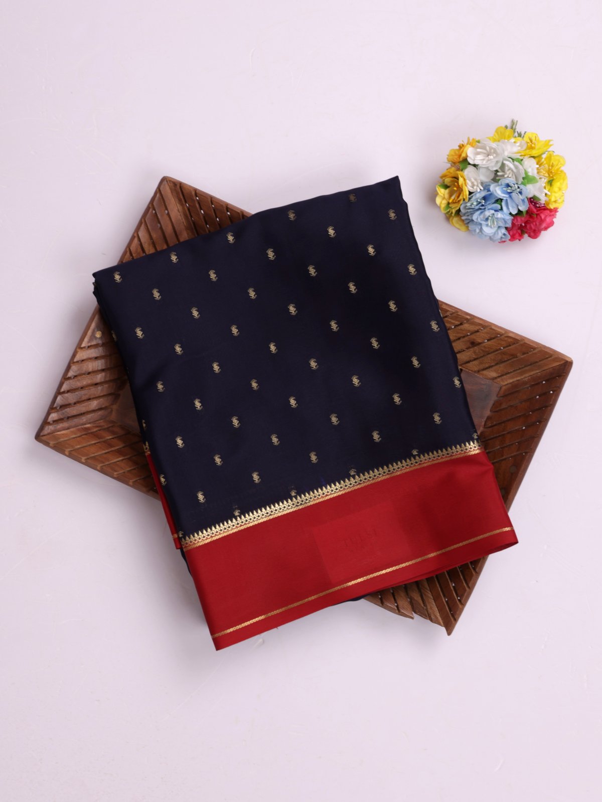 Navy Blue Mysore Silk Saree With Red Border