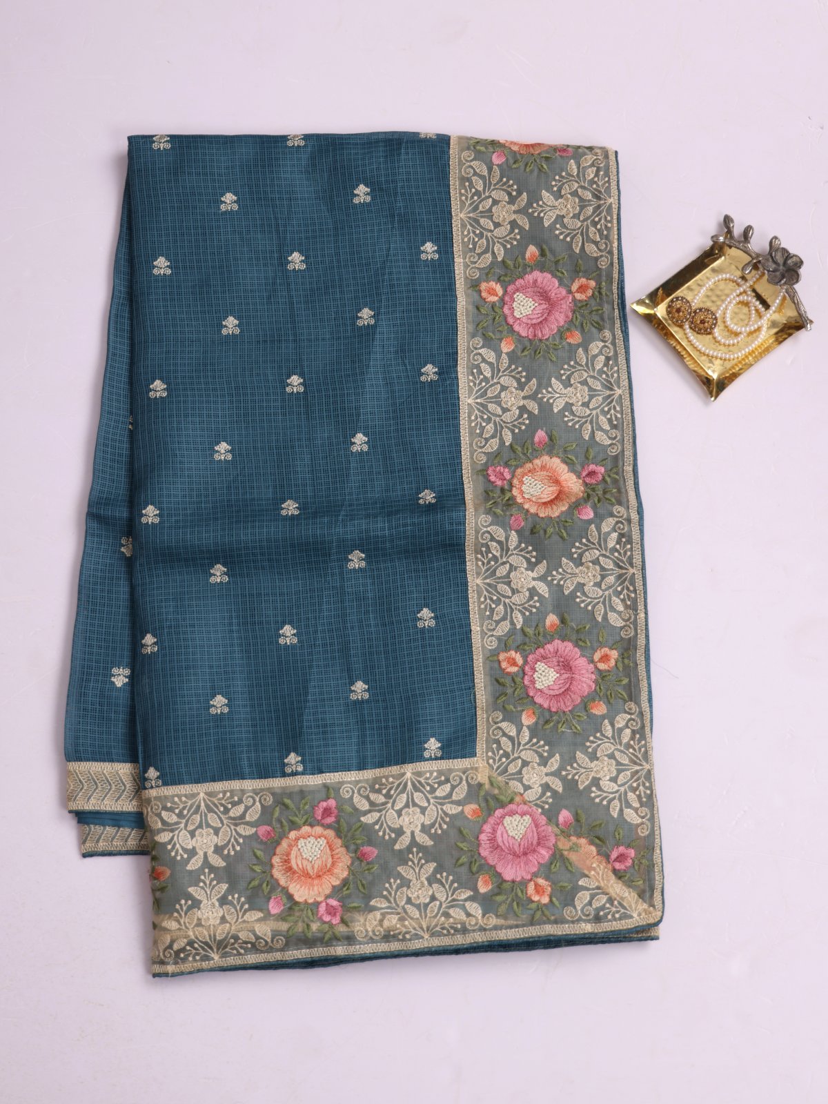 Peacock Blue Semi Kota Saree with Embroidery