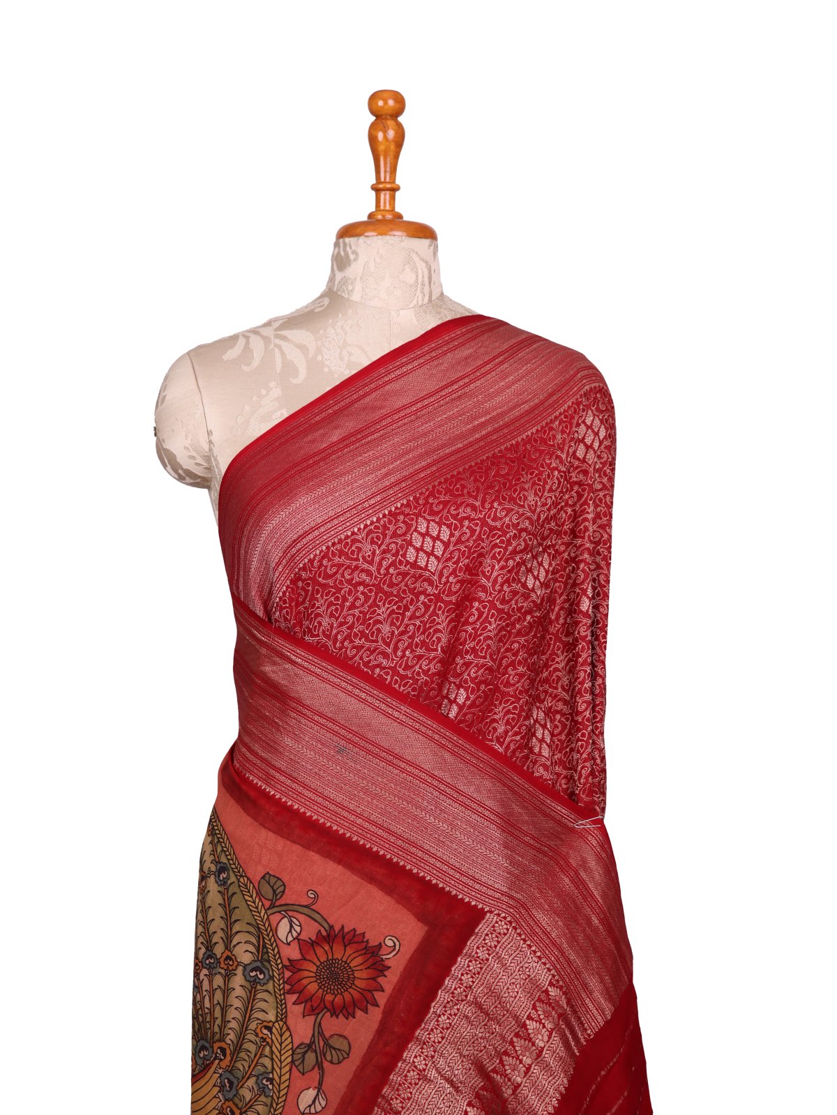 Red Mysore Crepe Silk Saree With Kalamkari Pallu