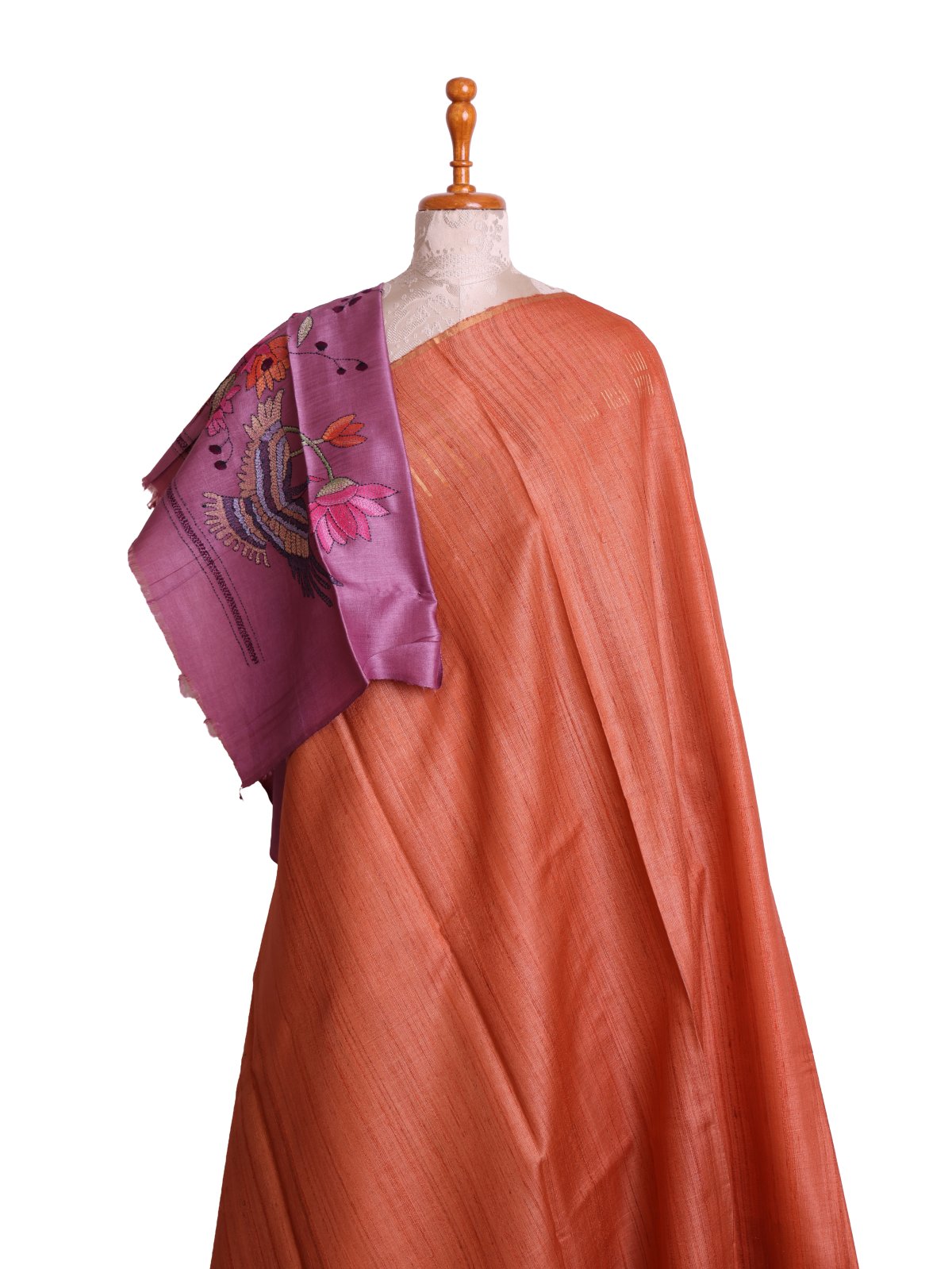 Dusty Orange Tussar Silk Saree with Kantha Embroidered Blouse
