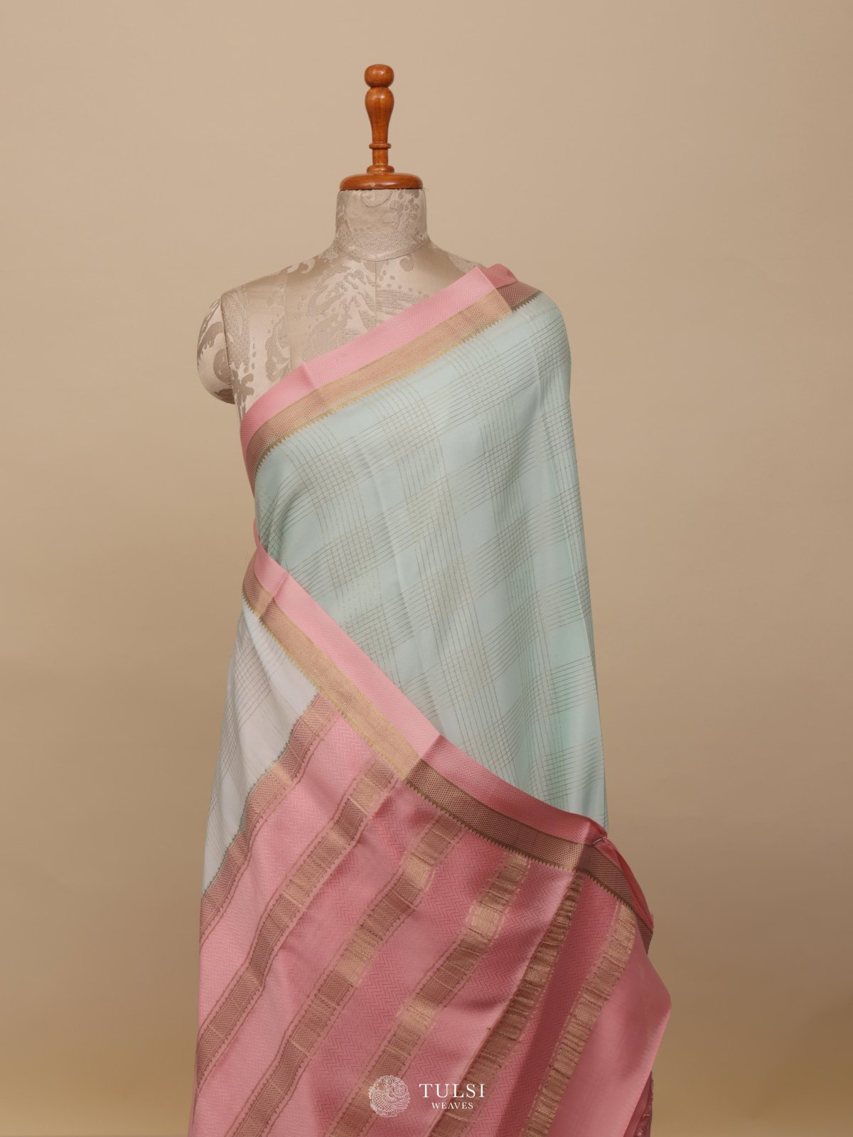 Light Blue Mysore Silk Saree With Pink Border