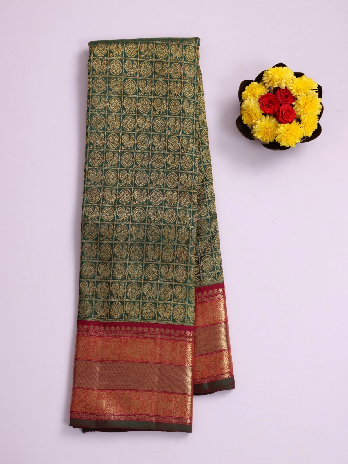 Emerald Green Zari Checked Kanjeevaram Silk Saree With Dark Maroon Border