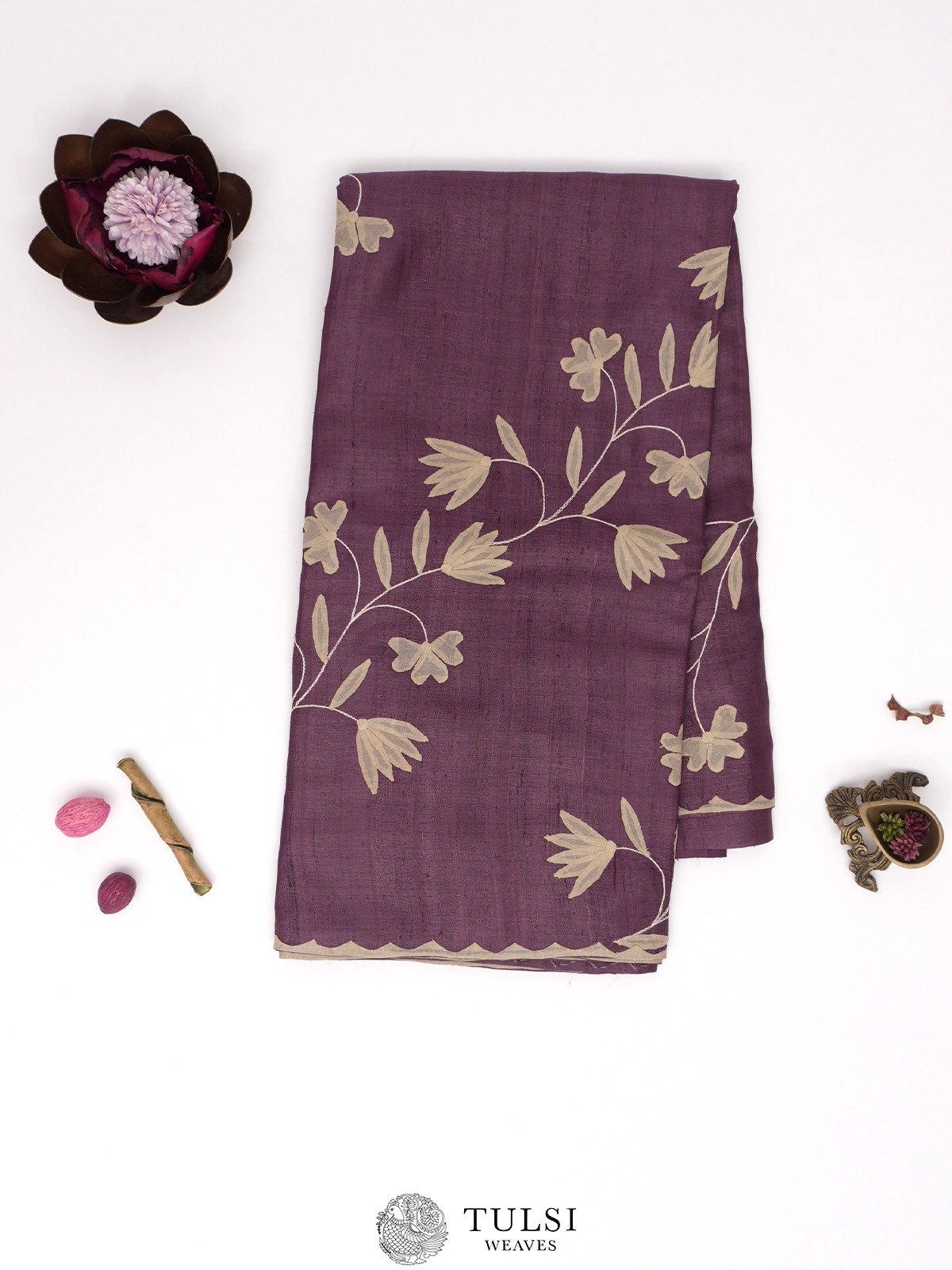 Plum Purple Tussar Silk Saree with Applique Work