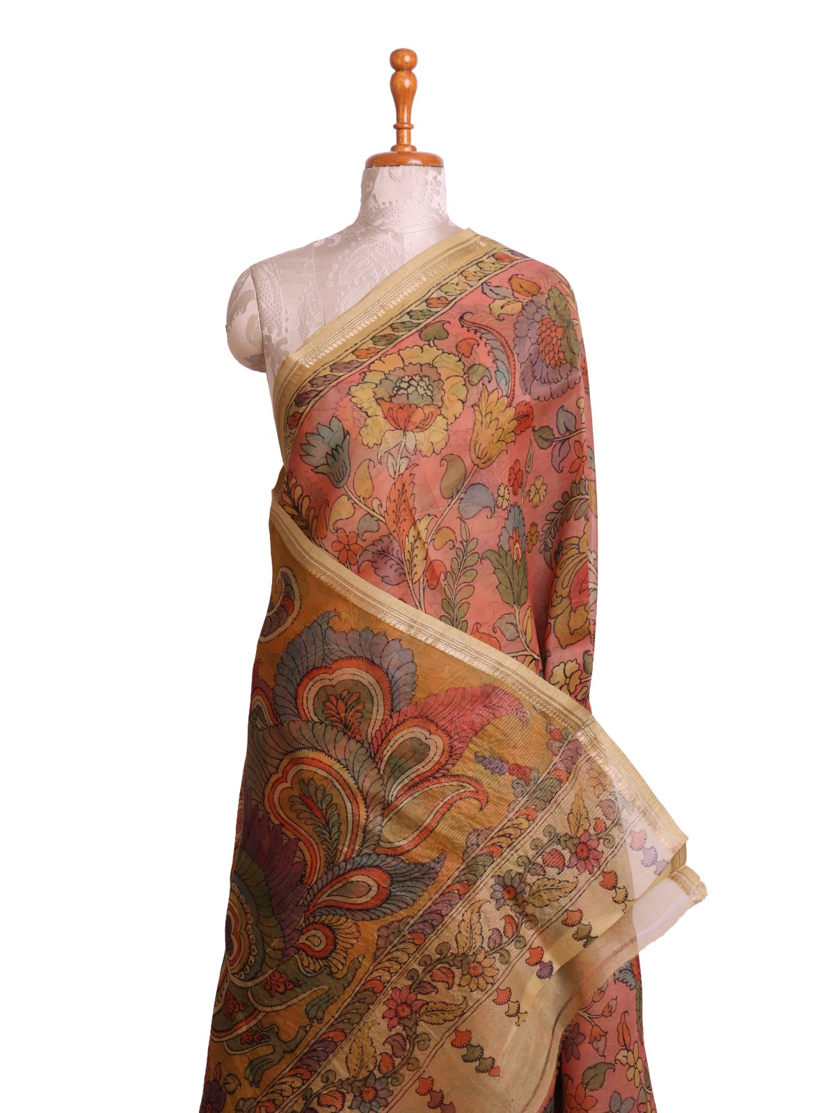 Peach Kalamkari Printed Organza Silk Saree