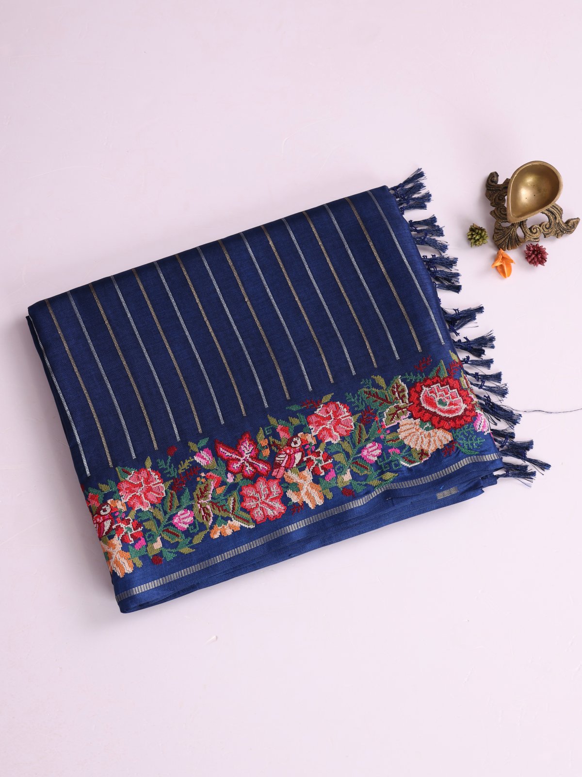 Navy Blue Zari Striped Semi Tussar Silk Saree With Cross-Stitch Embroidery