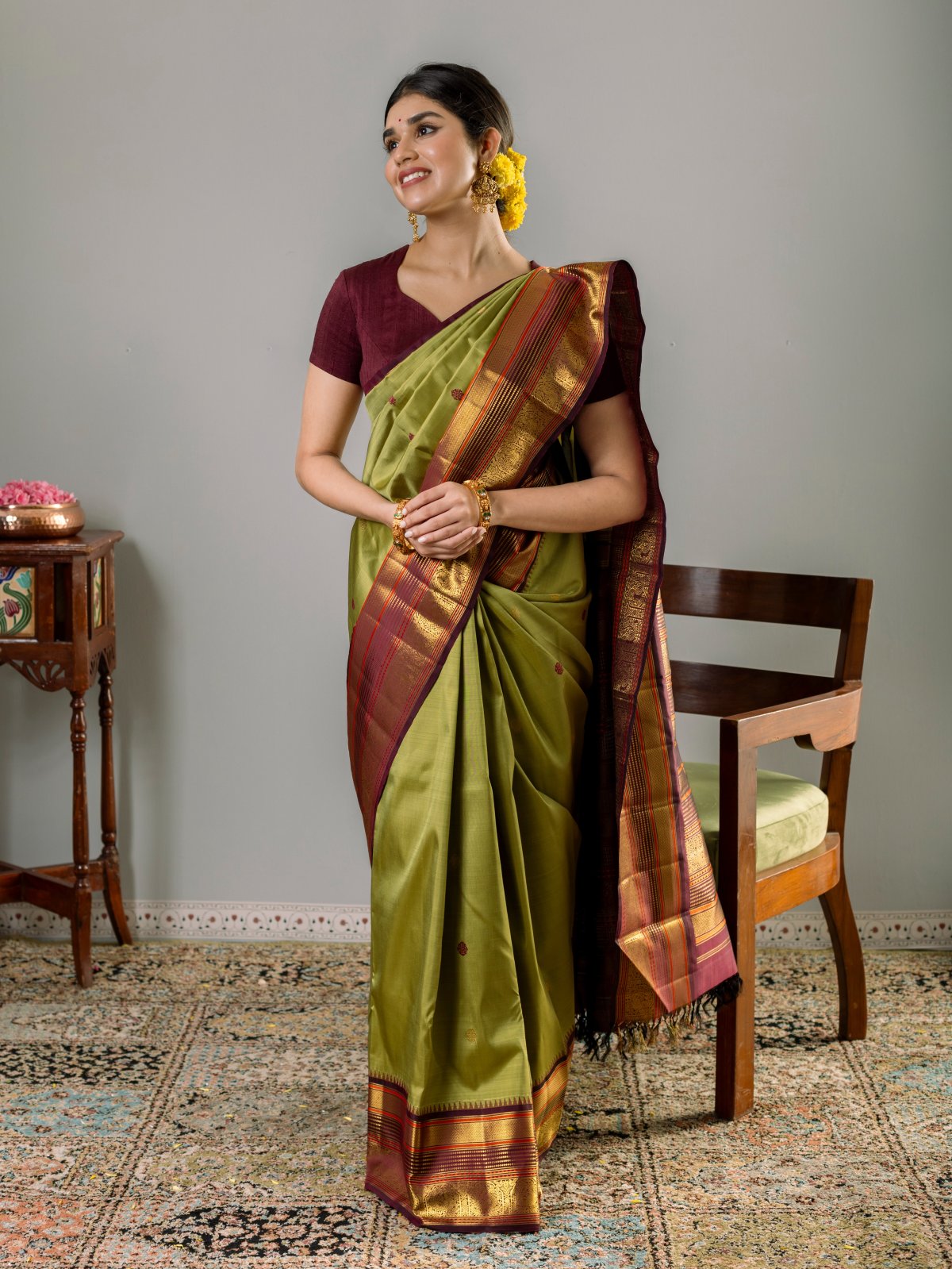 Olive Green Kanjeevaram Silk Saree with Contrast Border