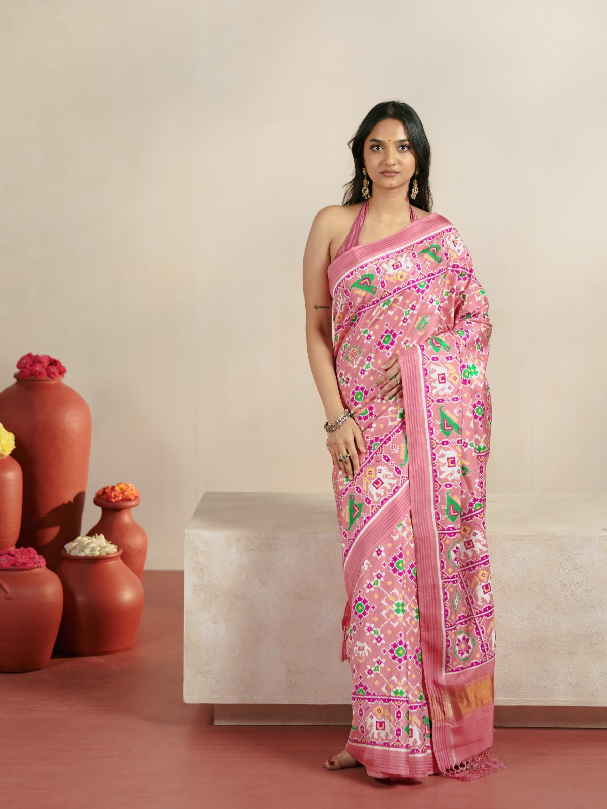 Curated 14 - Peachy Pink Patan Patola Silk Saree
