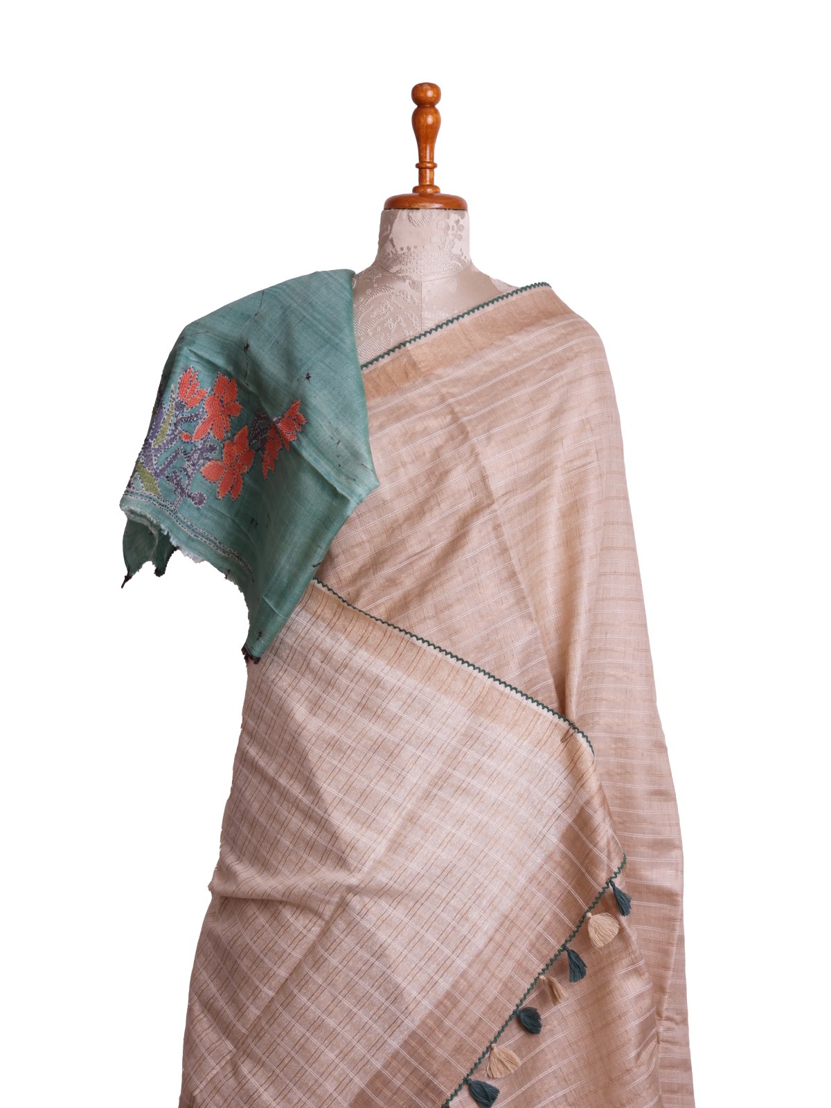 Beige Tussar Silk Saree With Bluish Green Embroidered Blouse 